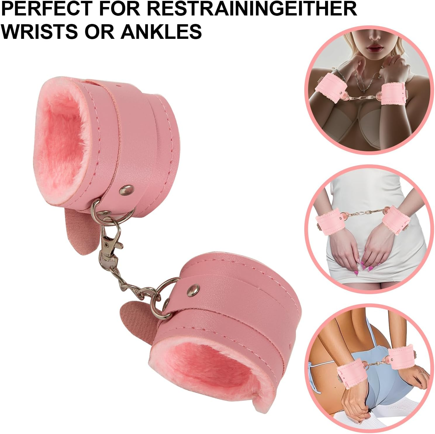 Sexy Plush to Y Handcuffs, Sexy to Y Handcuffs for Couple Cosplay - Police Prop, Fluffy Fitness & Ankle Shackles with Cosplay Belt Hand(Pink) - Purple image number 4