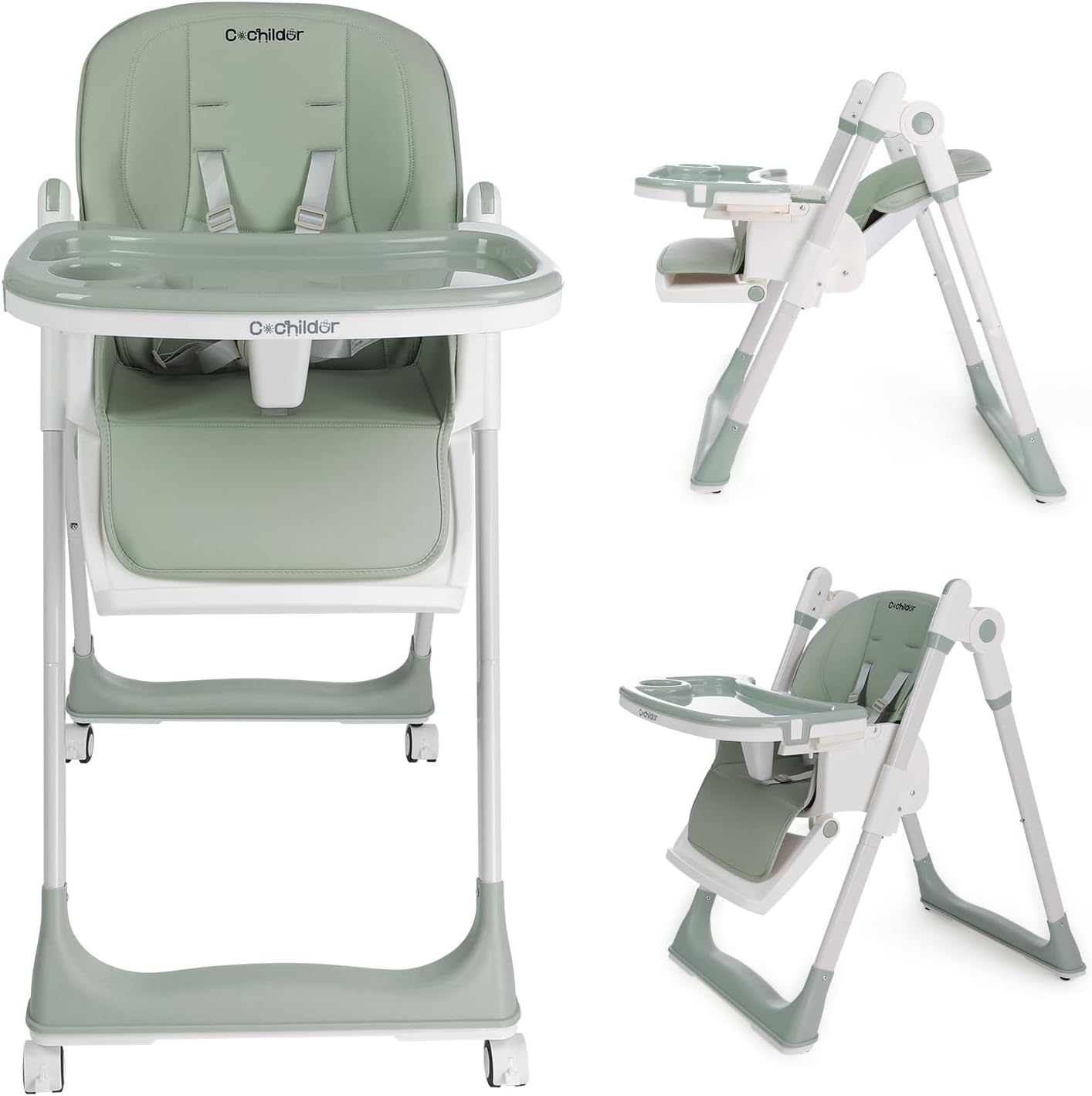 Cochildor 3 In1 High Chair, Easy Clean Foldable Highchair with Adjustable Height, Reclining Mode, 5-Point Safety, Removable Tray, Lockable Wheels, Washable Cushion, Idealfor Babies & Toddlers, Grey