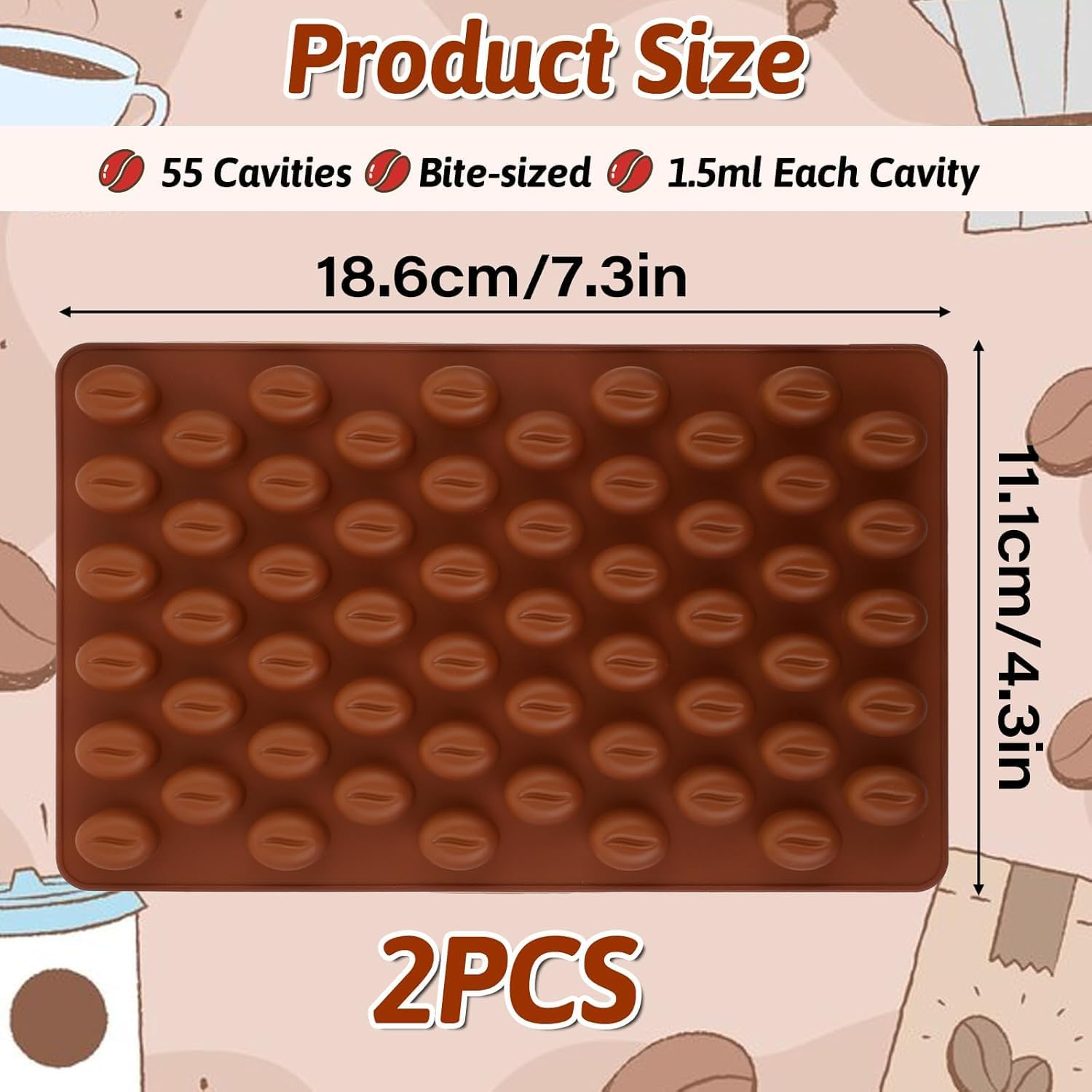 2 PCS 55 Cavity Mini Coffee Beans, Chocolate Sugar Candy Molds, Coffee Bean Shaped Candy Molds, Food Grade Mini Silicone Mold for Cake Decoration Bakeware Mould image number 2