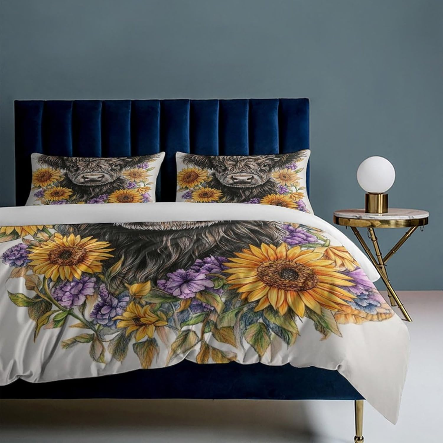 3Pcs Highland Cow Bedding Set Luxury 3D Printed Duvet Cover Sets with Pillowcase Sunflower Animal Quilt Covers Soft Microfiber Comforter Cover with Zipper,Queen（210X210Cm） image number 5