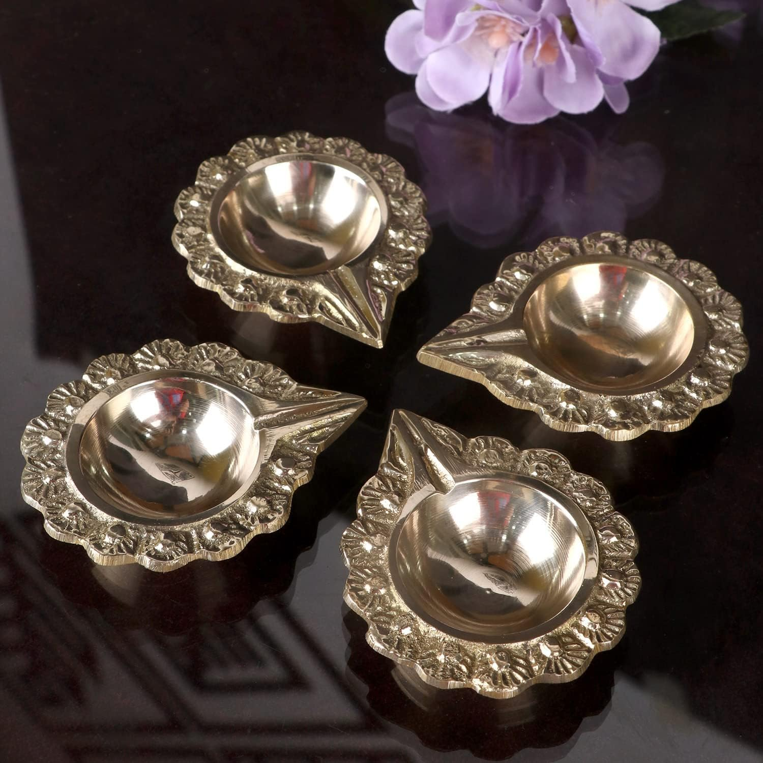 SATVIK Set of 4 = Brass Laxmi Kuber Diya &ndash; Engraved Floral Design Pooja Diya for Home, Mandir, Festivals, Diwali Decor, Oil Lamp, Tea Light Holder, Indian Housewarming Gift, Kutthu Vilakku, Nilakku image number 6