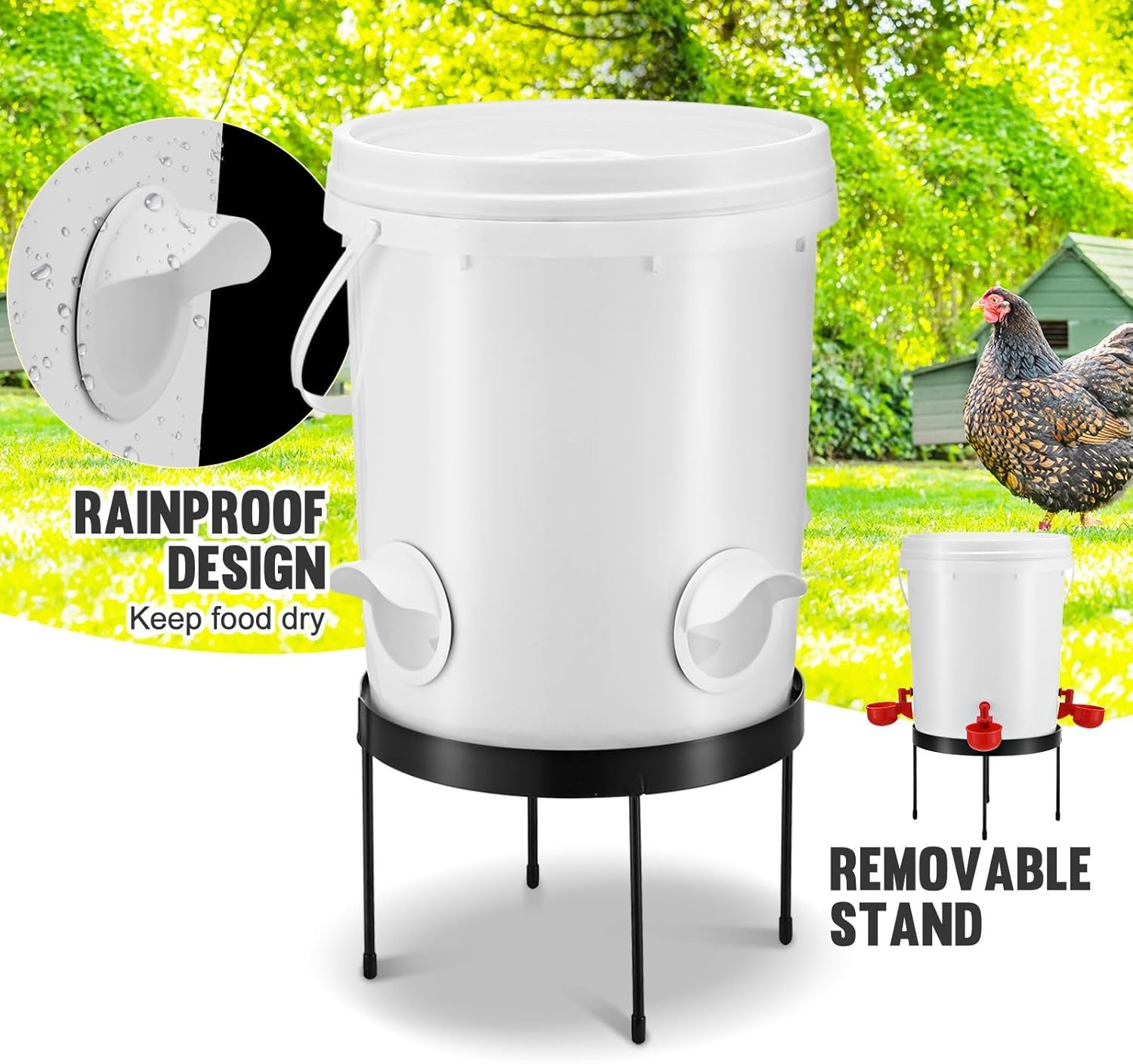 Pet Scene 20L Chicken Feeder Waterer Set, Raised Stand Auto Water Food Dispenser for Chook Hen Chick Poultry, with Drinker Cup, PVC Feeding Port image number 2