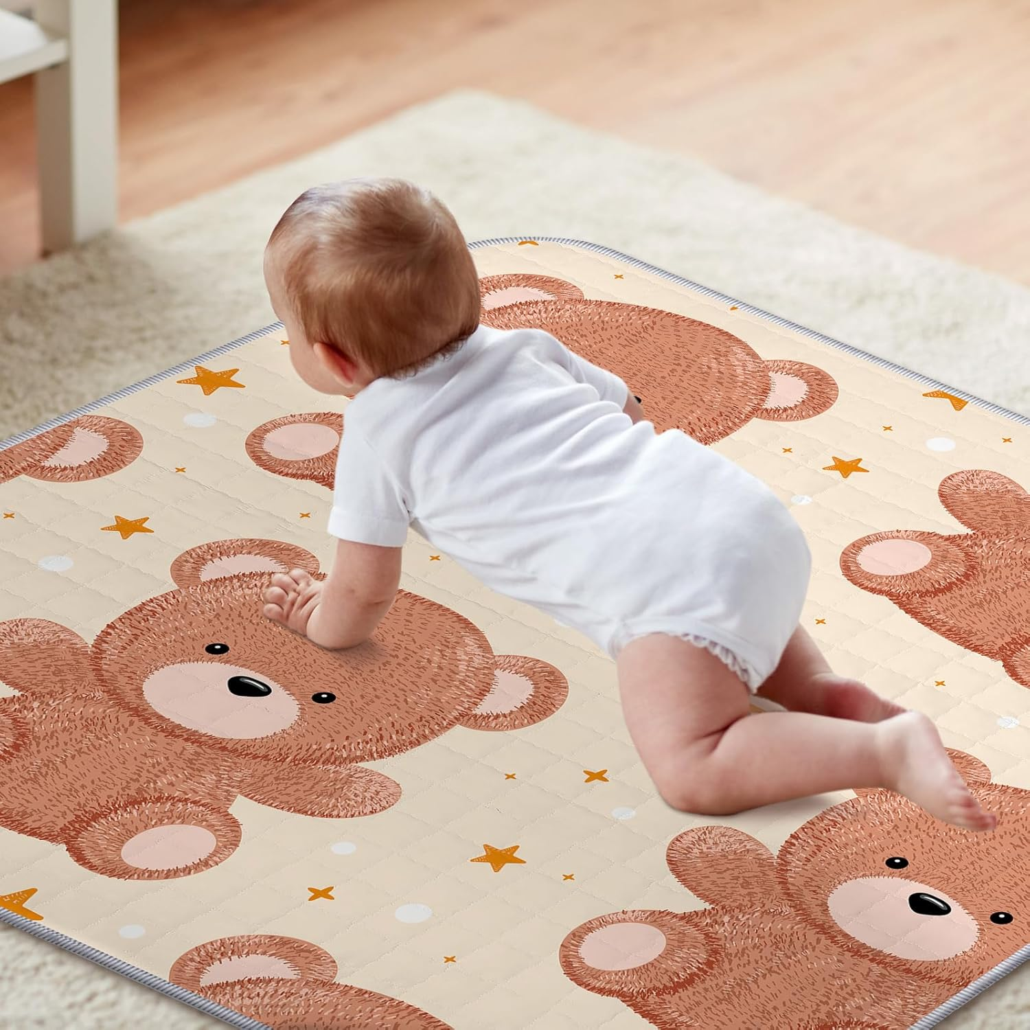 Funtery 43 X 43 Inch Boho Baby Play Mat Portable Crawling Washable Foldable Tummy Time Non Slip Baby Floor Large Playpen Mat for Infants Toddlers Floor Playpen Activity(Bear) - Mallard Duck image number 7