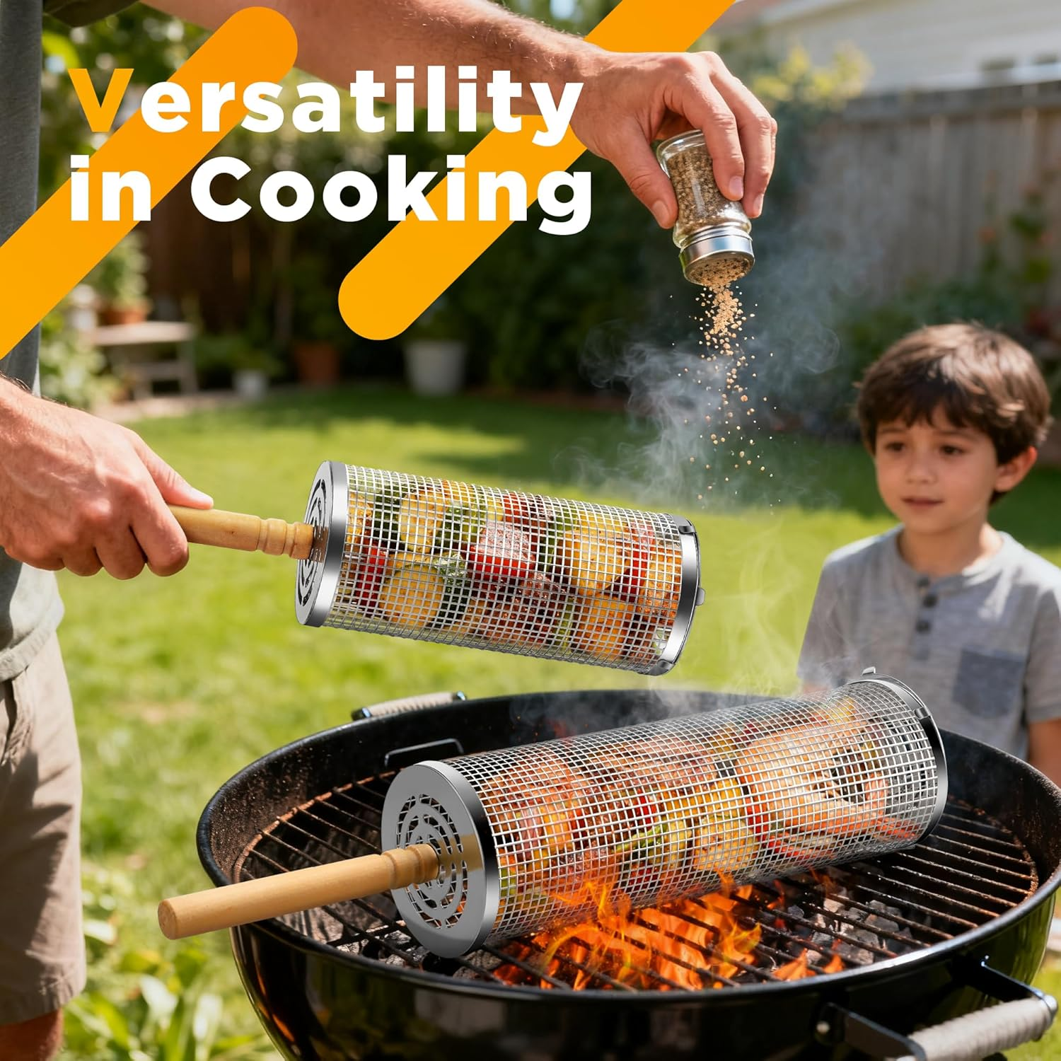 2PCS Rolling Grill Baskets with Removable Wooden Handle, 304 Stainless Steel, Nesting Grilling Net, BBQ Accessories Tools for Vegetables Shrimp, Outdoor Grilling Cookware image number 3