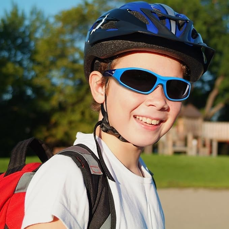 Flexible Kids Sunglasses Polarized Sports Sun Glasses Girls Boys Cycling Shades with Straps UV400 Protection Eyewear for Age 3-10 - 2 Pack - Black+Blue/Darkblue image number 7