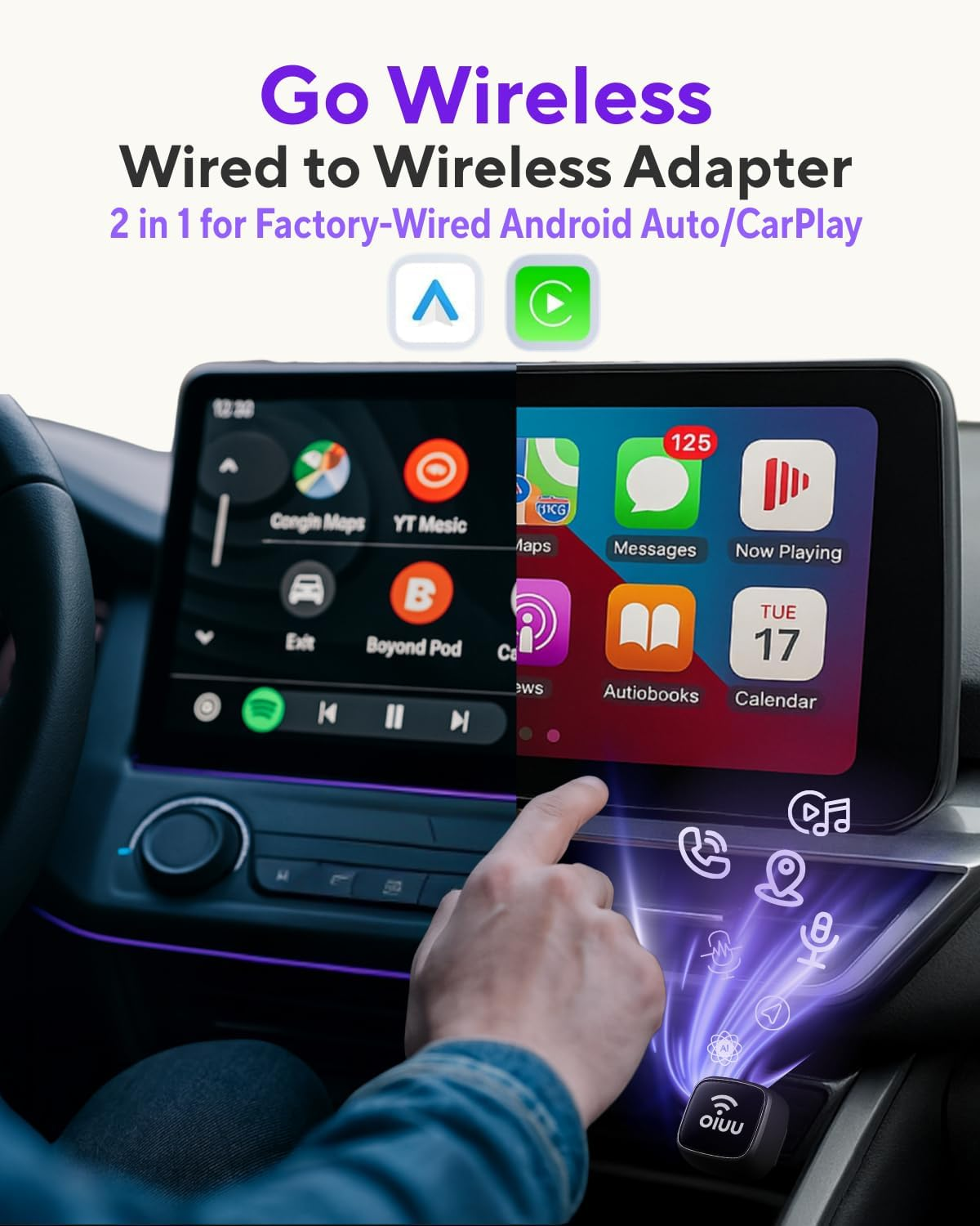 OIUU Mini Wireless Carplay Adapter & Android Auto Adapter, Latest SOC Chip Dual-Band Wifi, Bluetooth 5.0 No-Lag Stable Connect, Supports Factory Wired Apple Carplay/Android Auto, Car Accessories-J20