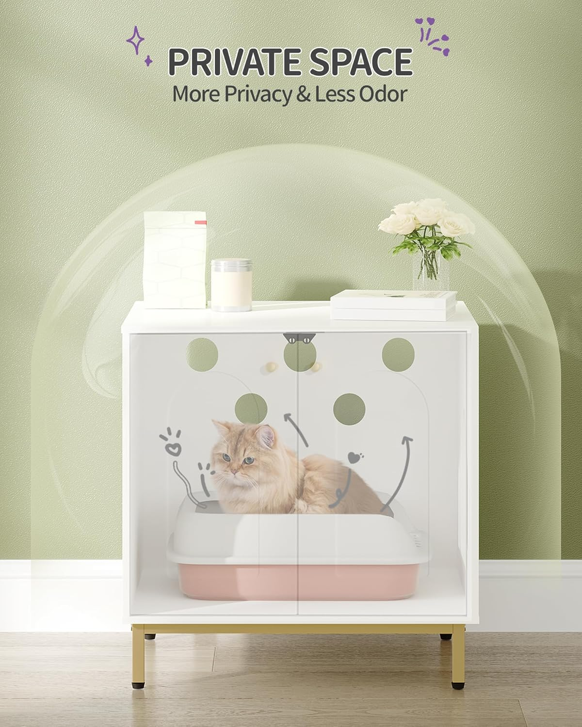 Hzuaneri Cat Litter Box Enclosure, Hidden Litter Box Furniture, Wooden Pet House Side End Table, Storage Cabinet Bench, Fit Most Cat and Litter Box, Living Room, Bedroom, White and Gold CB81203G image number 5