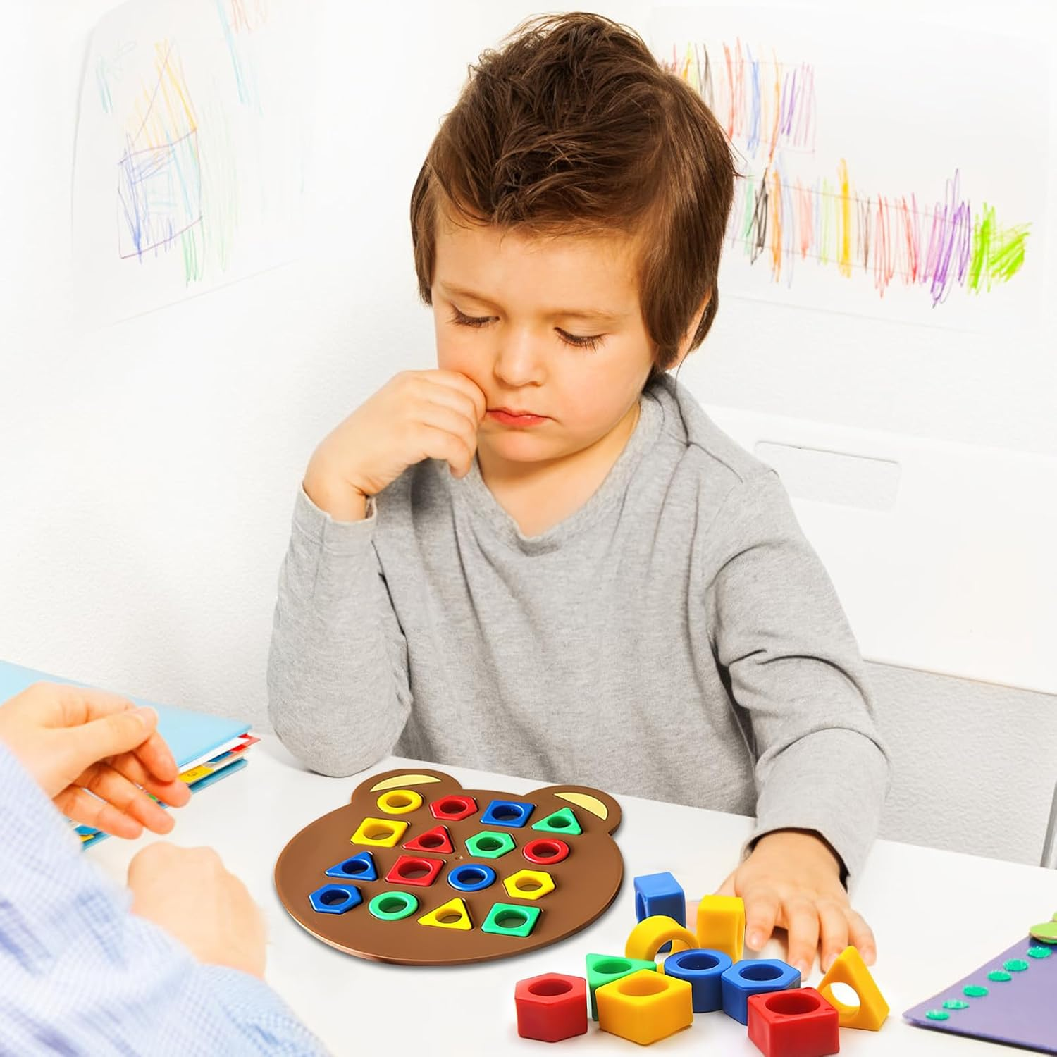 Shape Game: Shape Matching Puzzle, Montessori Toys, Sensory Learning Toy, 3+ Years, 2 Game Disks, 32 Matching Blocks, 30 Cards image number 2