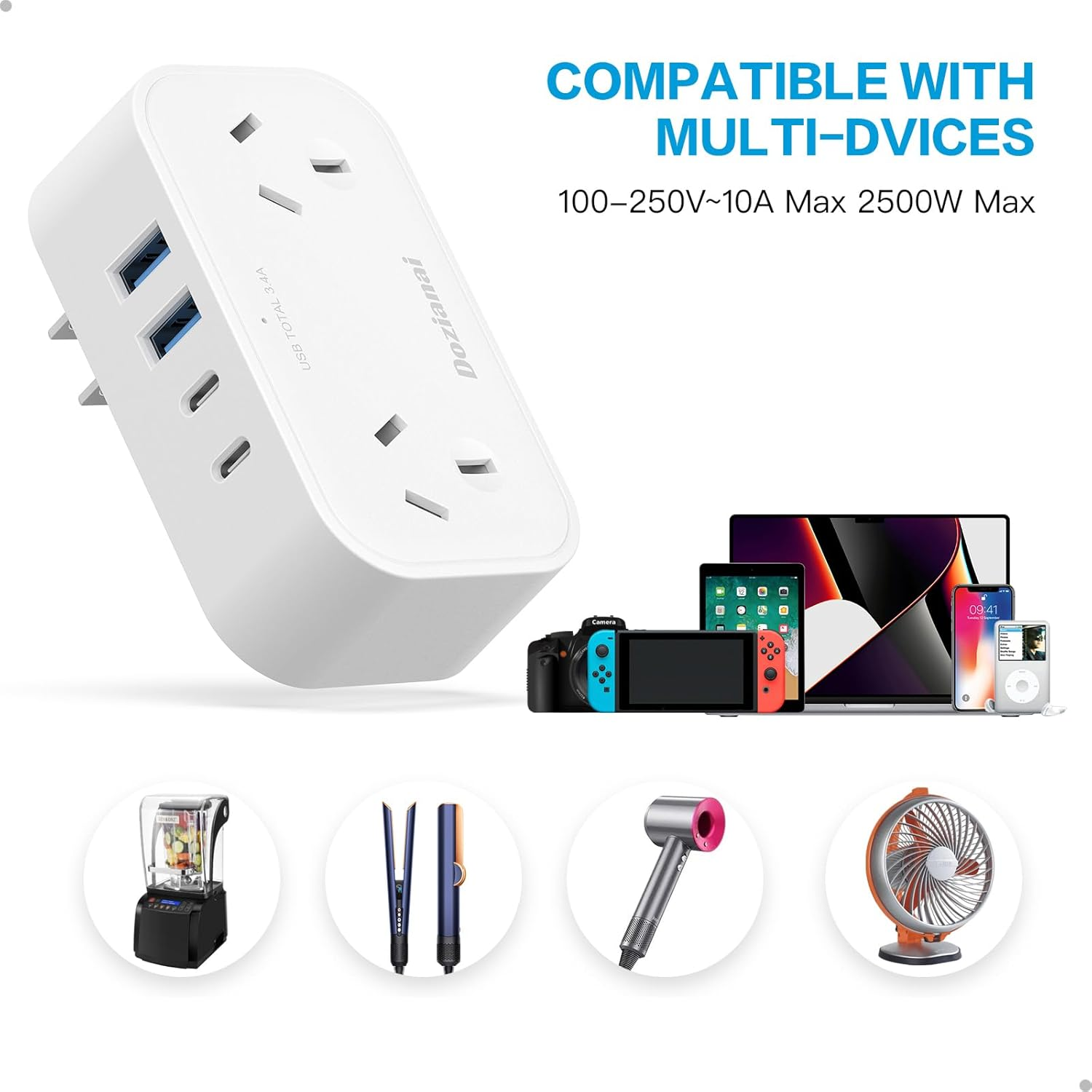 Power Board with 4 USB Ports (2 USB-C), No Cord Extension Cord, Travel Adapter, Double Adapter, USB Wall Plug, Outlet Extender for Home, Office, Cruise & Travel Essentials image number 4