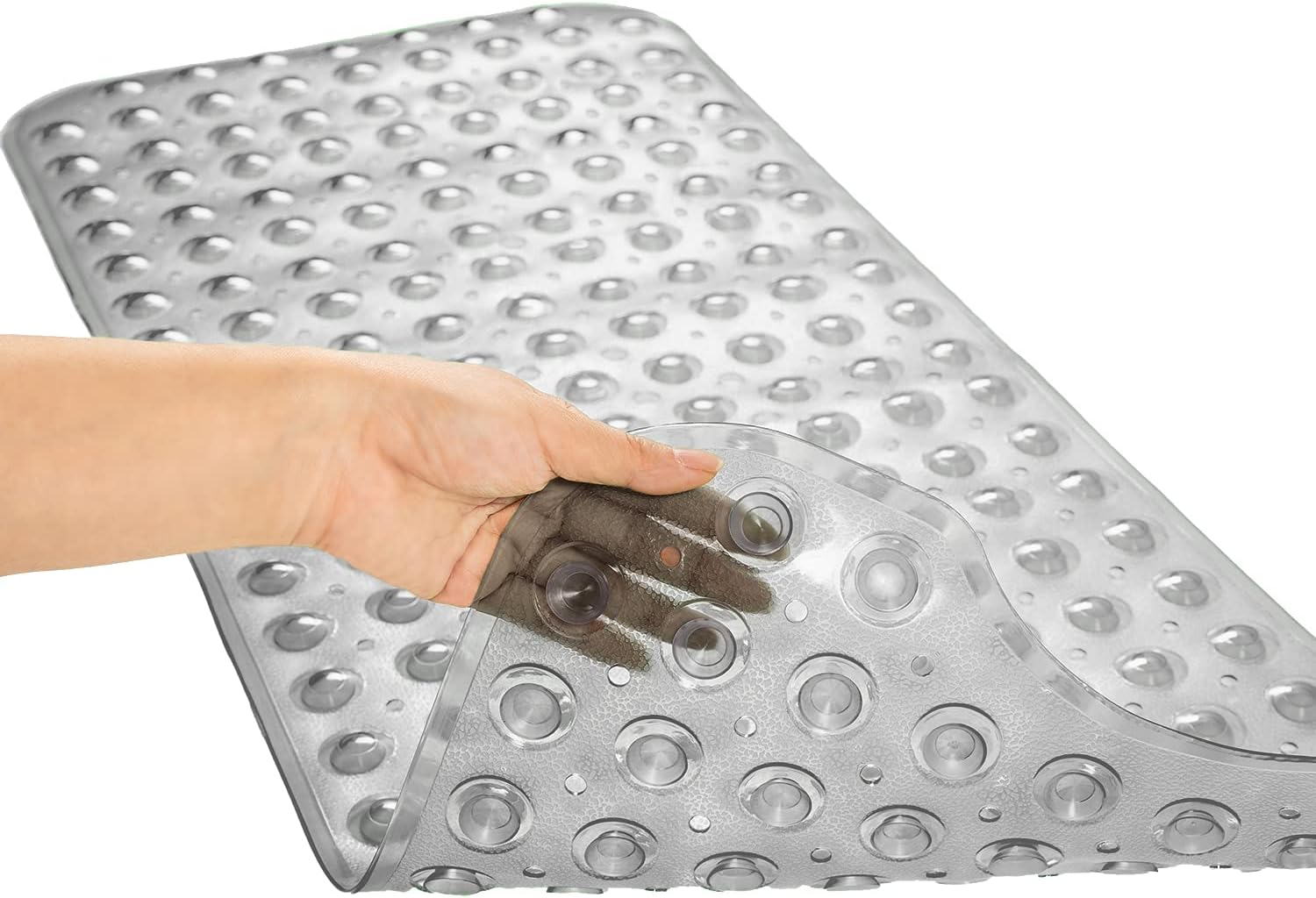 TEESHLY Bathtub Mats for Shower Tub Extra Long Non-Slip Bath Mat, 39 X 16 Inch Shower Mat with Drain Holes and Suction Cups, Bath Tub Mat for Bathroom with Machine Washable (Clear Grey) - Clear image number 2