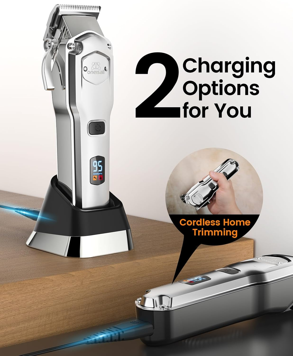 Oneisall Quiet Dog Clipper with Metal Guide Comb, Professional Cordless Dog Clipper High Performance Pet Hair Trimmer for Thick/Curly/Fine/Long/Wavy Hair (Silver) image number 1