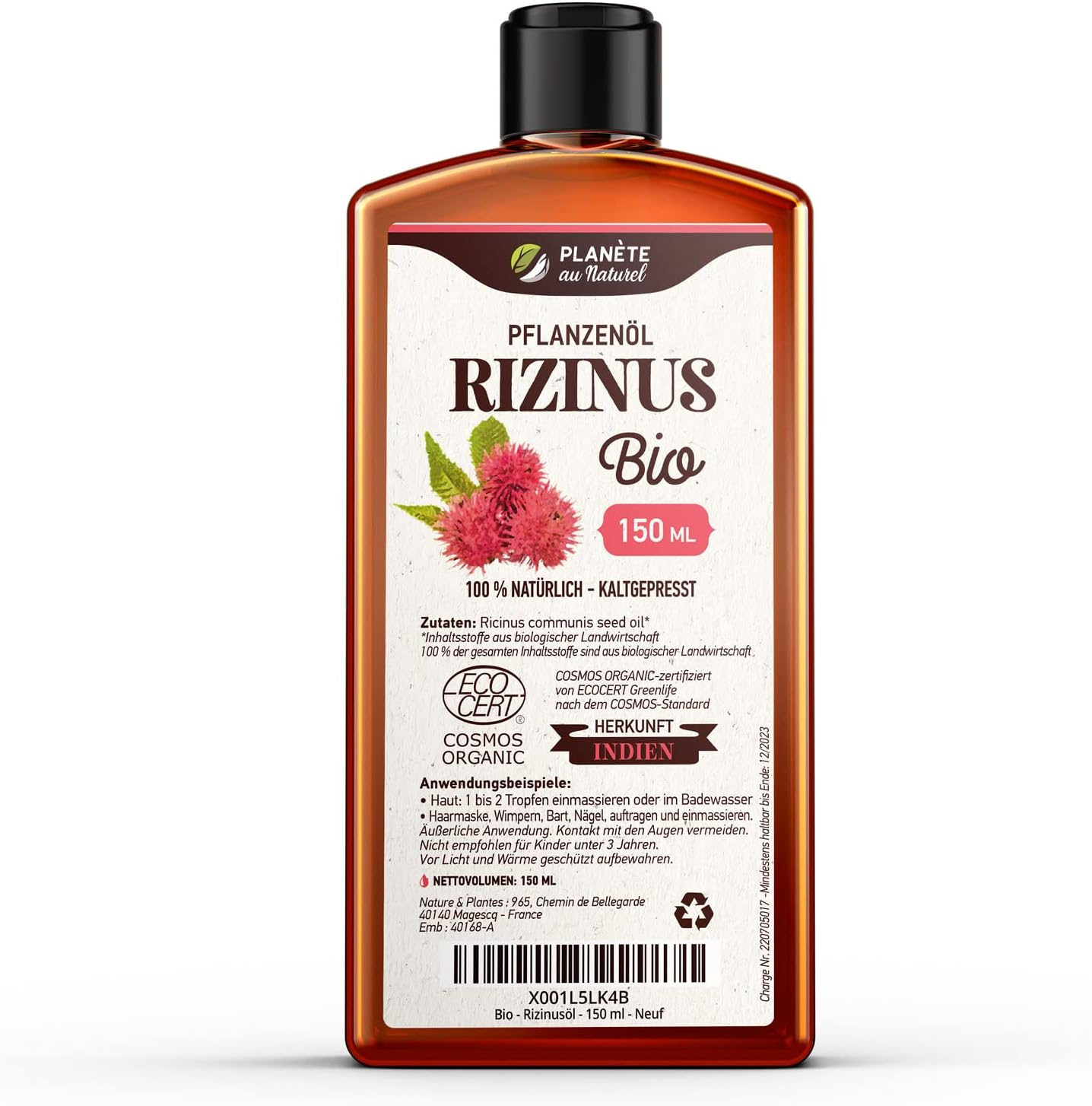 Organic Castor Oil 150 Ml - 100% Pure, Natural and Cold Pressed - Eyelashes, Eyebrows, Hair, Beard, Nails