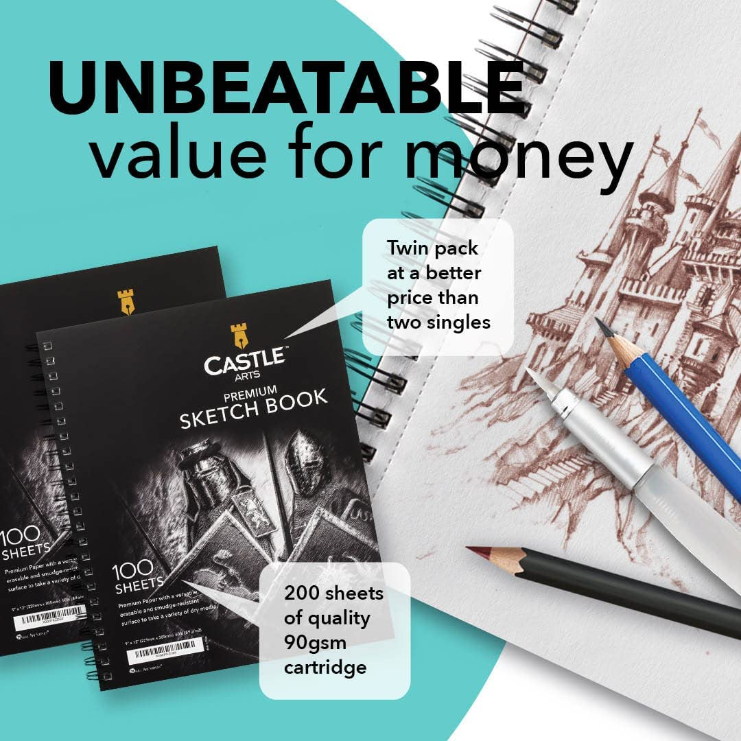 Castle Art Supplies Artists Sketch Books (2 Sketch Pad Pack) 9" X 12", 200 Sheets of Sketch Paper Ideal for Drawing and School Supplies - Acid Free and Excellent Value image number 1