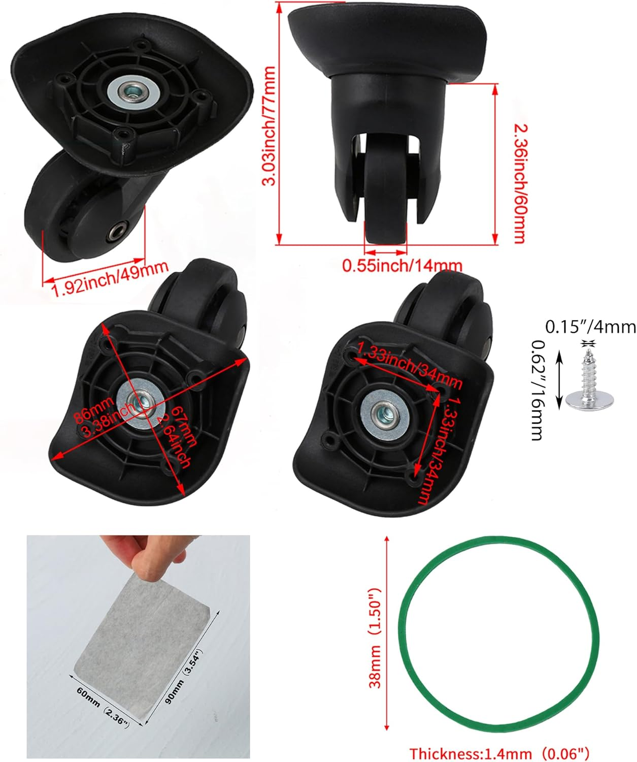 Bstinay 2 Pair 3.03 Inch Luggage Wheel W293 360 Degree Swivel Suitcase Casters with Rubber Bands Swabs image number 5