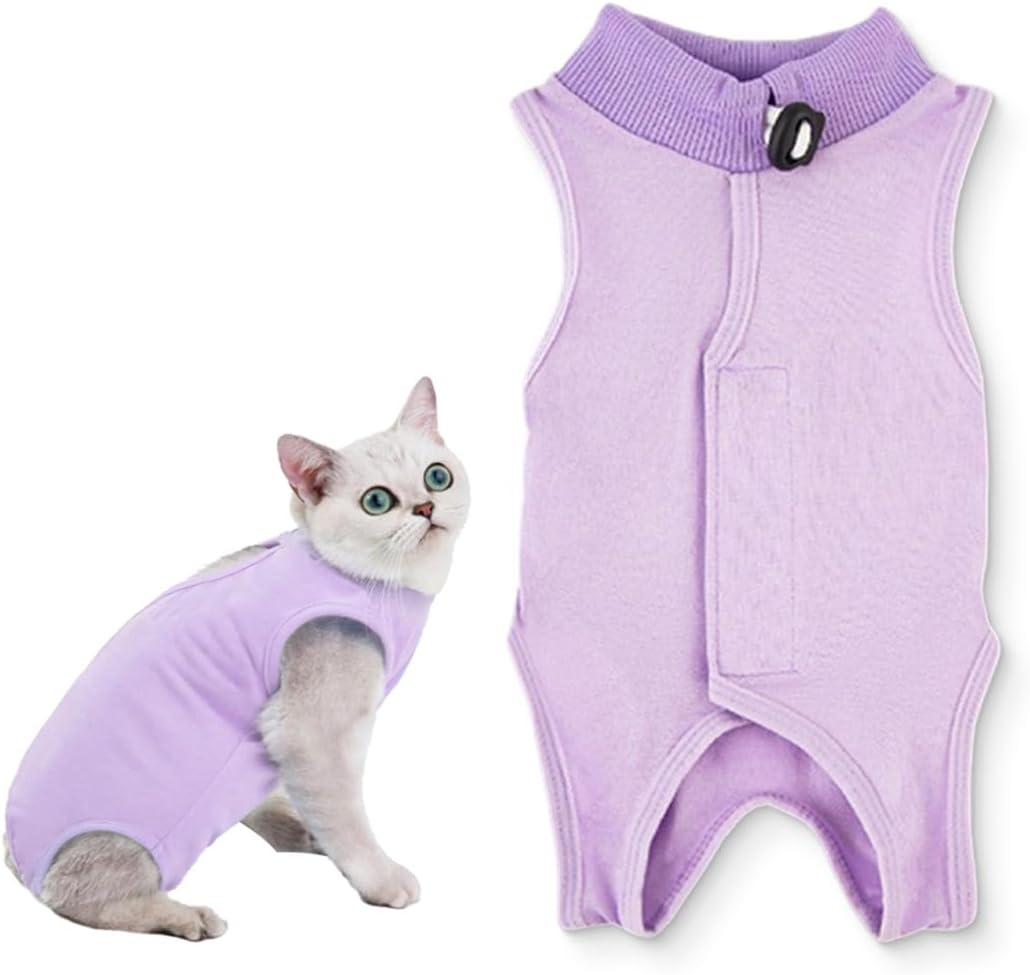 FMYODWU Post-Surgical Neutered/Neutered Cat Jersey, Cat Recovery Suit, Post-Surgical Cat Onesie, E-Collar Replacement for Dogs and Cats for Abdominal Wounds or Skin Disease (M, Purple) image number 1