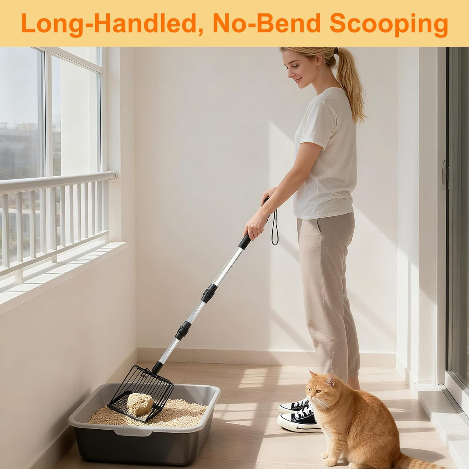 Neehows Cat Litter Scoop with Extendable Long Handle, 22.2"-42.5" No Bending Back Metal Kitty Litter Scoop, Large Non-Stick Wide Flat Head Heavy Duty Cat Pooper Scooper image number 6