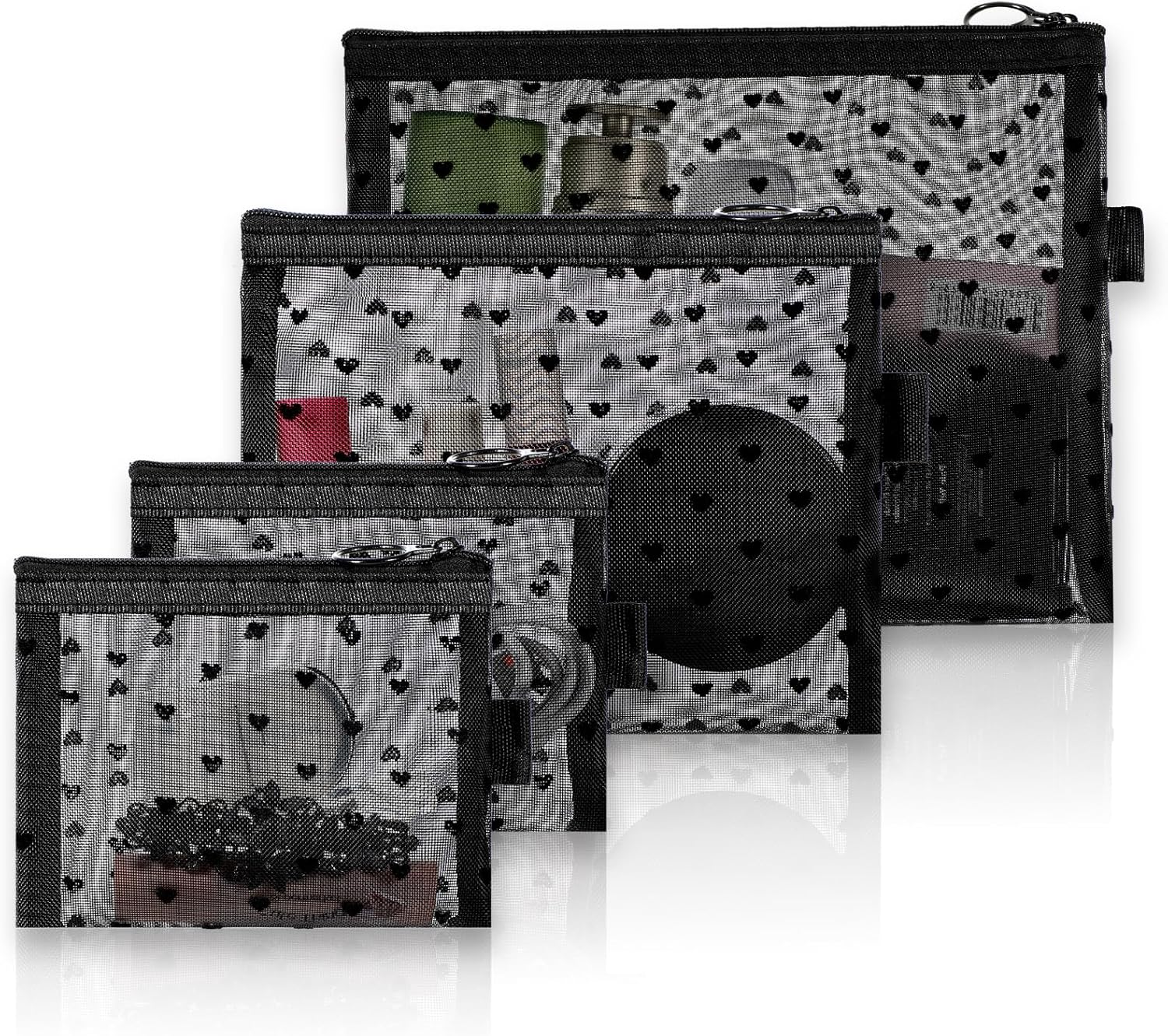 Heart Printed Mesh Makeup Bag Set, Small Mesh Cosmetic Bags Portable Travel Make up Purse Bag Heart Print Zipper Pouch Toiletry Bags for Daily or Travel Use (Black), Black image number 5