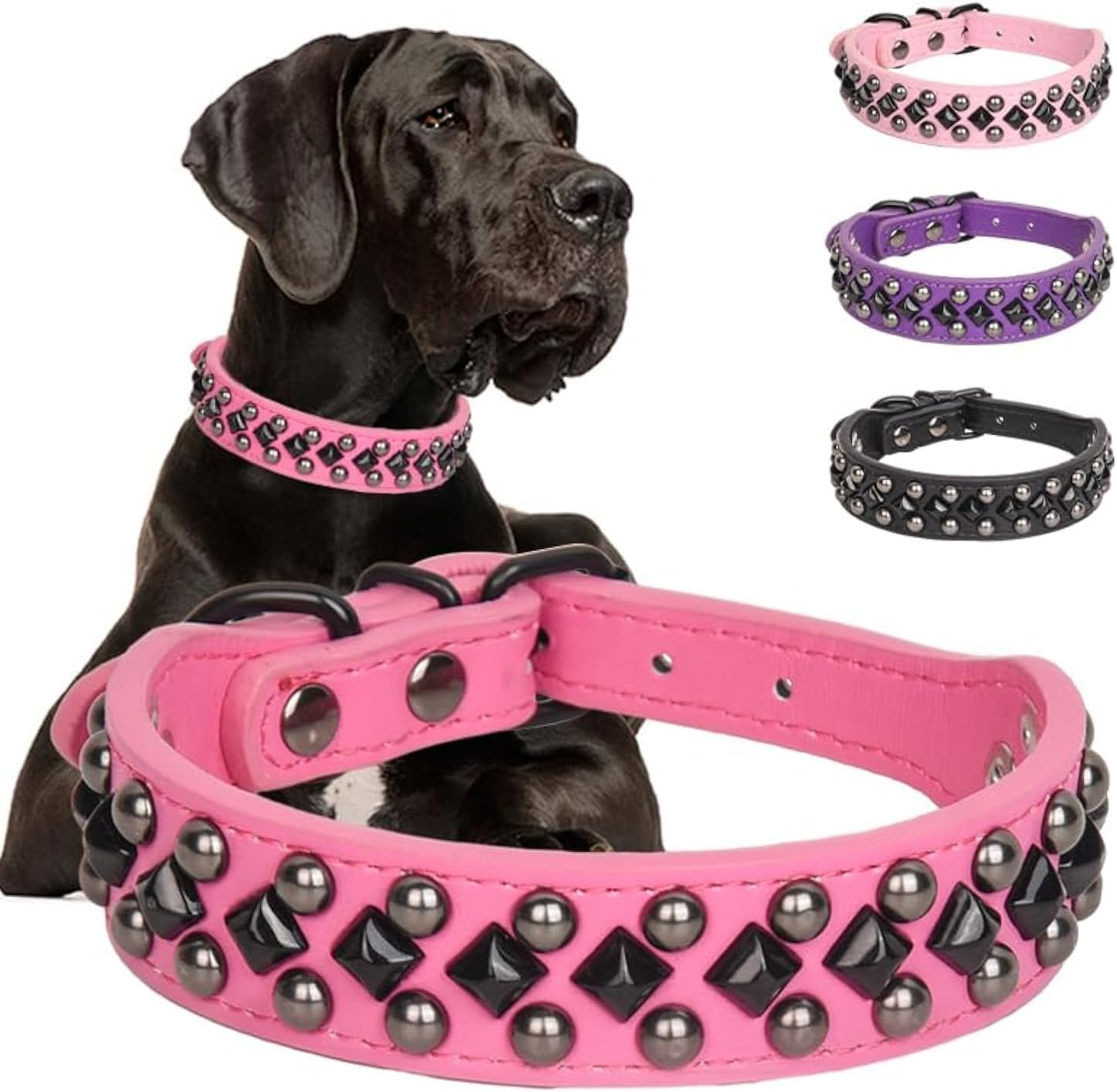 Serijoars Spiked Studded PU Leather Dog Collar for Small, Medium, Large Breeds, Pit Bull, Bully, Husky, Terrier, Adjustable (Hot Pink, L (41-47CM)) image number 1