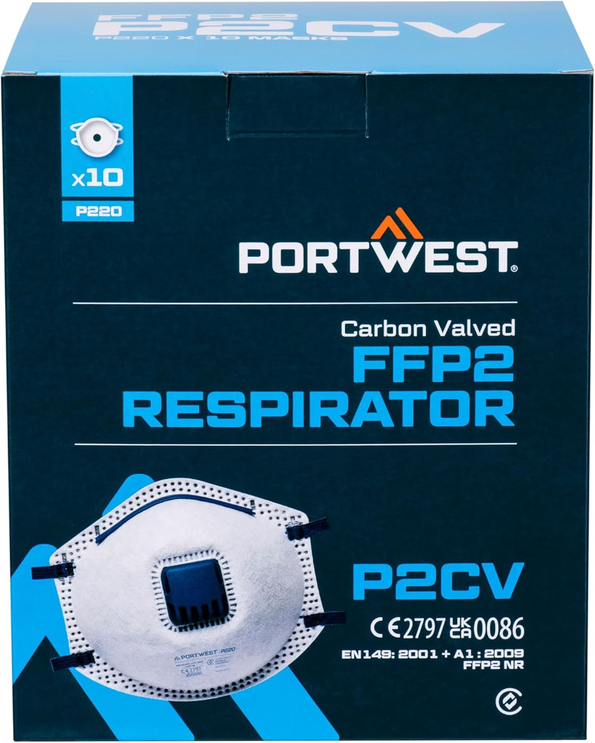 Portwest P220 Disposable FFP2 Carbon Valved Respirator Face Mask (Pack of 10) White