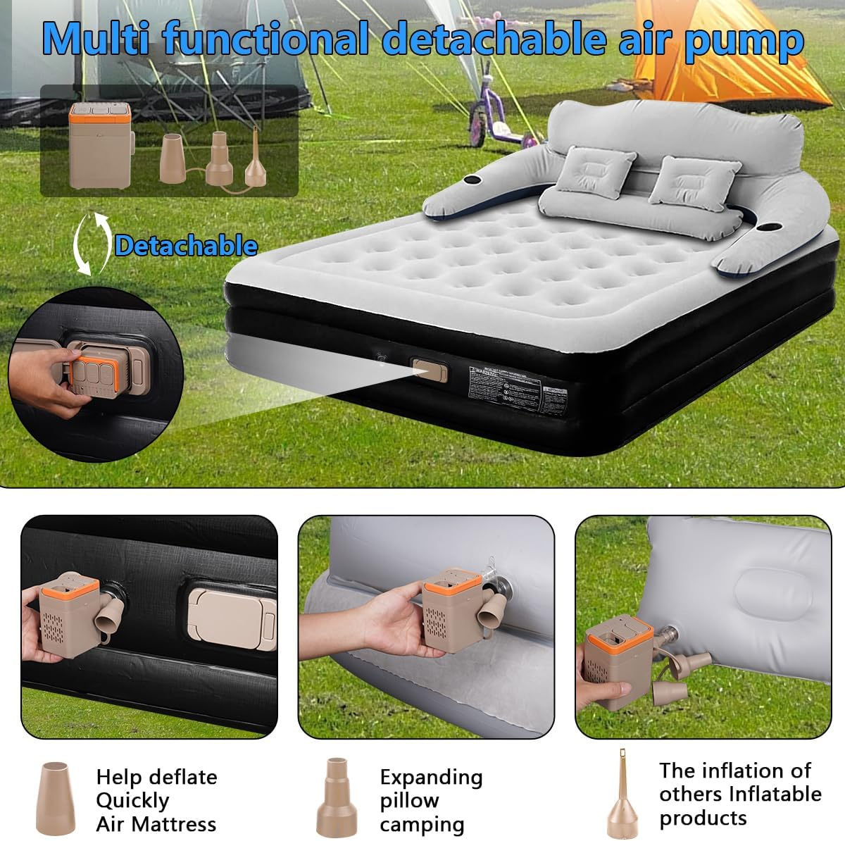 Queen Size Air Mattress,Queen Size Air Mattress with Headboard and Pillows,Pvc Waterproof Material,Skin-Friendly Flocking Surface,135 * 190 * 40CM,300KG MAX, Suitable for Family Camping