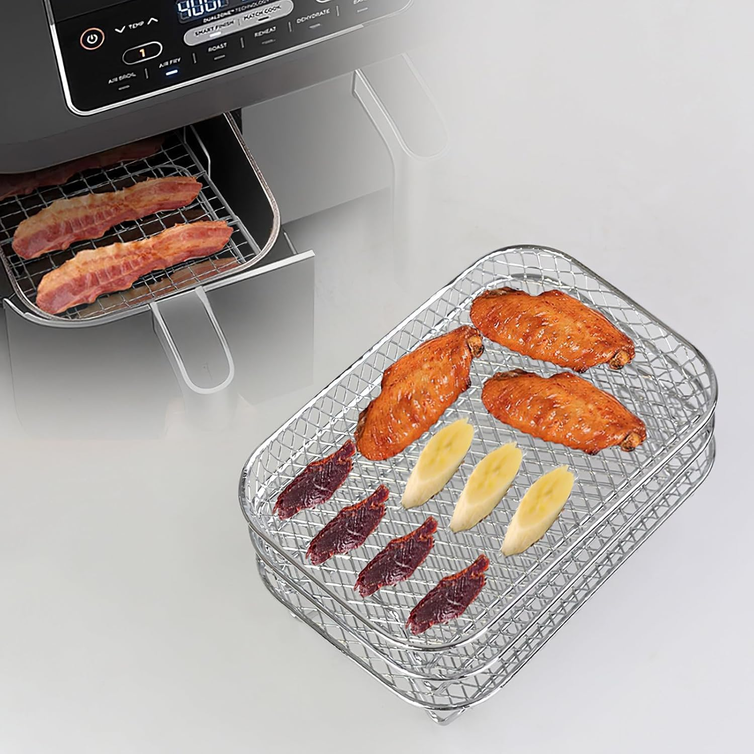 Air Fryer Rack for Ninja Air,3 Layers Stainless Steel Air Fryer Shelf Stackable Dehydrator Racks with Clip and Silicone Feet Air Fryer Accessories for Dual Air Fryer, Oven (Rectangular) image number 6