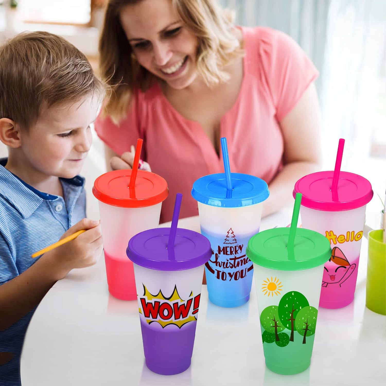 Color Changing Cups with Straws & Lids: 24Oz Cold Water Drinking Cups 5 Pack Reusable Plastic Tumbler Bulk Ice Cold Drinking Cup for Kids Partytravel Mug image number 2