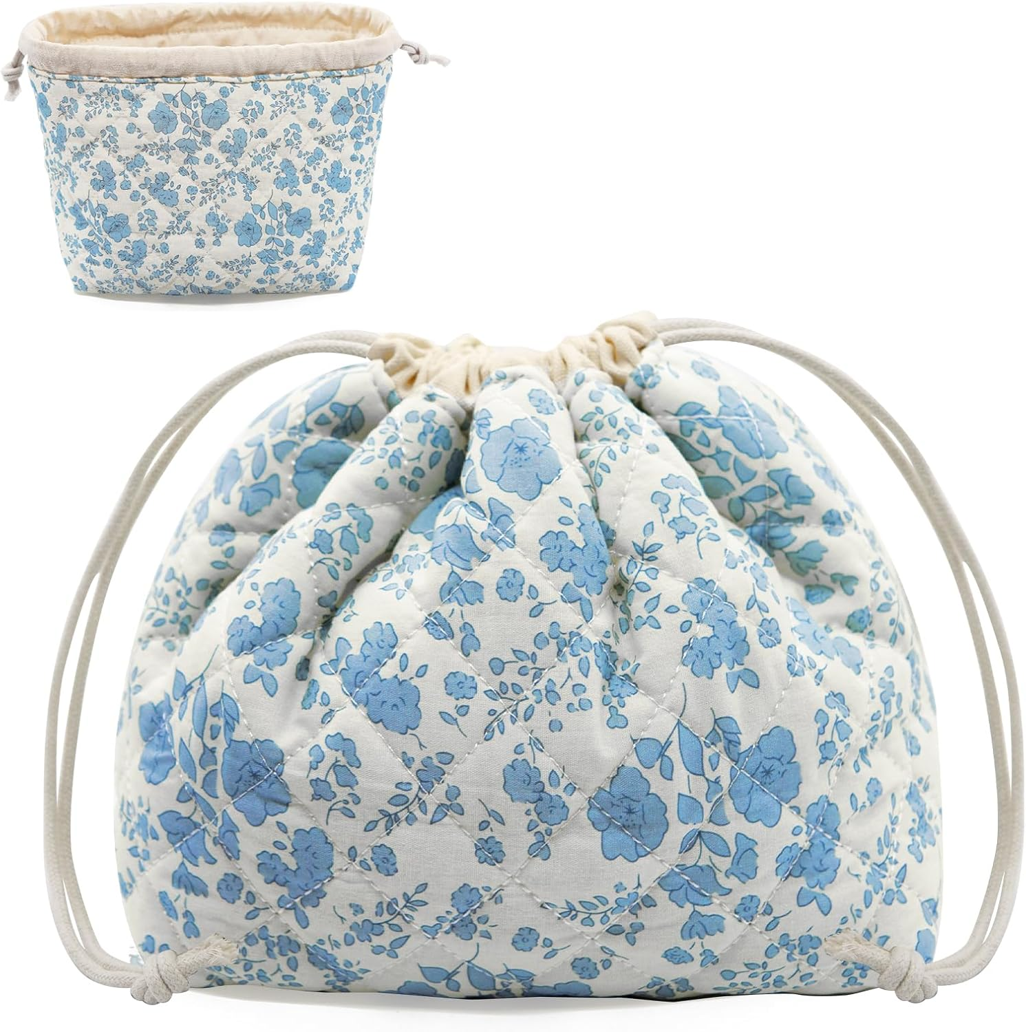 LJCZKA Makeup Bag with Drawstring, Small Quilted Cosmetic Bag, Cute Organiser, Cotton Toiletry Bag, Aesthetic Portable Travel Toiletry Bag for Women and Girls, Blue Flowers, Cute
