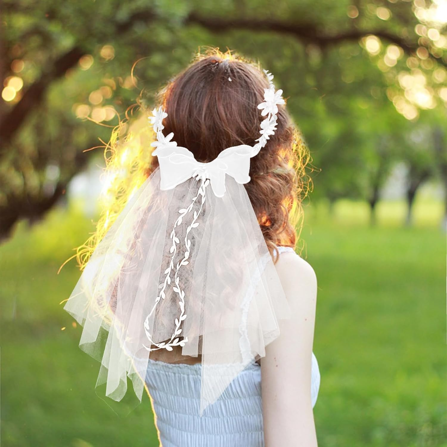 KERANEET Wedding Headband Flowers Headband Wedding Hair Accessories Communion Girls Flowers Headband White Girls Flower Headdress Wedding for Flower Girls and Bridesmaid image number 6