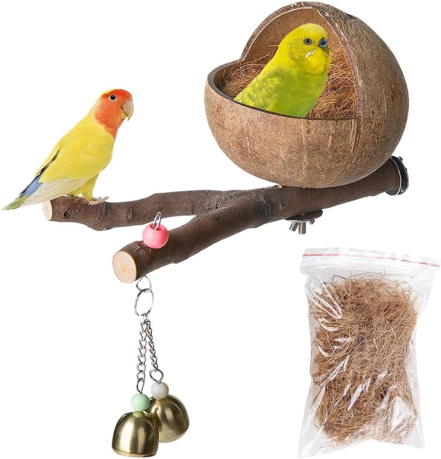 Natural Coconut Shell Bird Nest, Handmade Parrot Nesting House &ndash; Soft Fiber Lining & Durable Shell, with Pinecone/Bell Decor for Pet Birds (25 X 12 Cm) image number 4