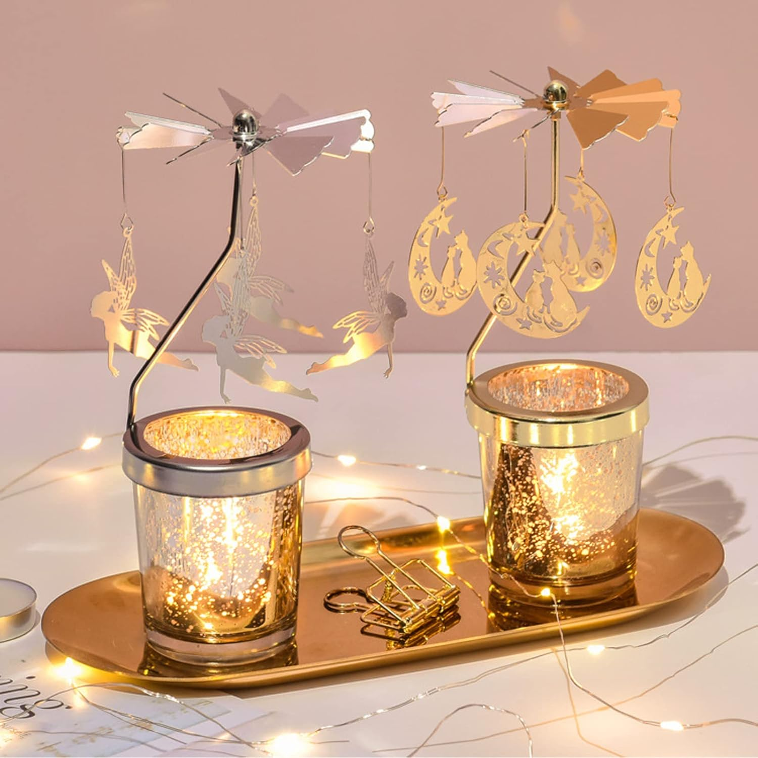 HYLOOD 7X3X2In Carousel Rotary Candle Holder Metal Spinning Tea Lights Candle Holder Rotary Glass Tealight Candle Holders Rotating Tea Candle Holder for Wedding Fireplace Home Decor, Silver image number 4