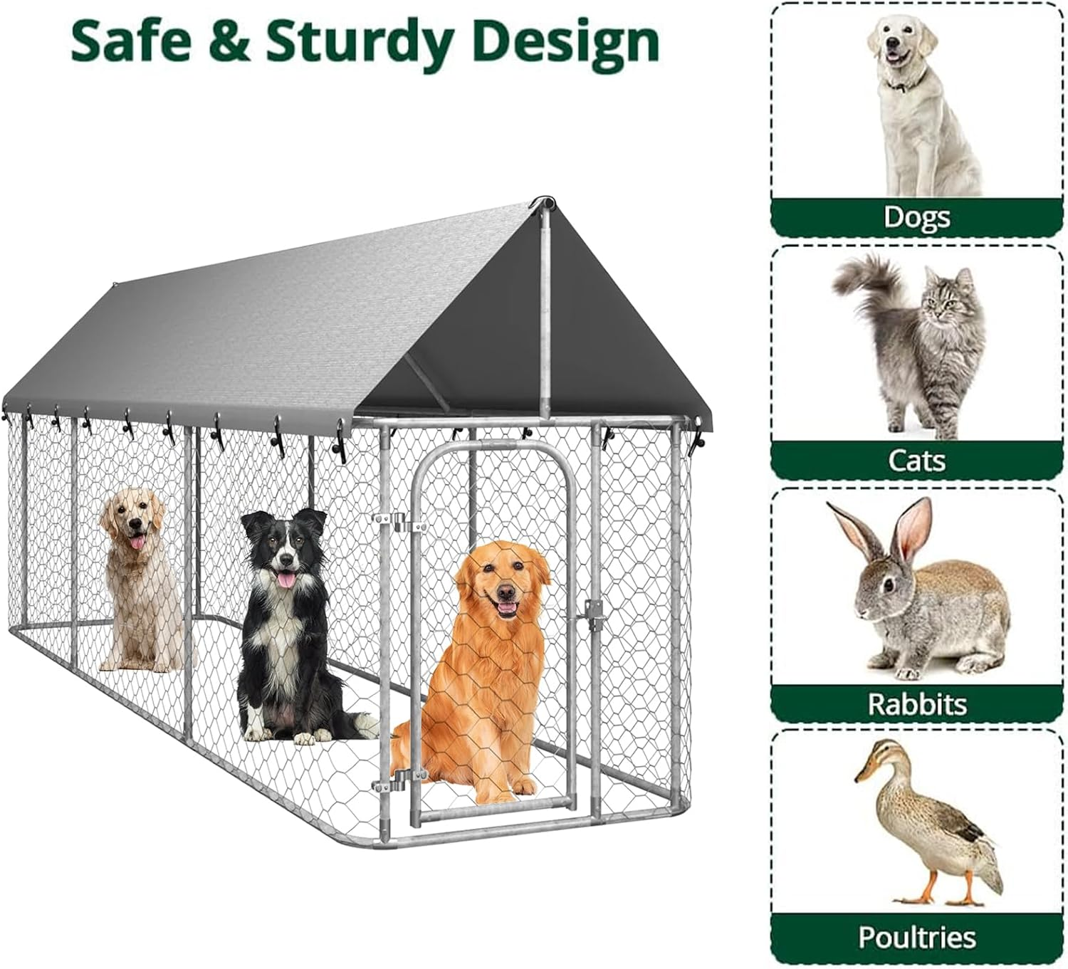 Outdoor Dog Kennel - Durable Galvanised Steel Construction with Safety Lock and UV Protected Canopy - Large Space for Exercise and Play (400 X 100 X 150 Cm) image number 6