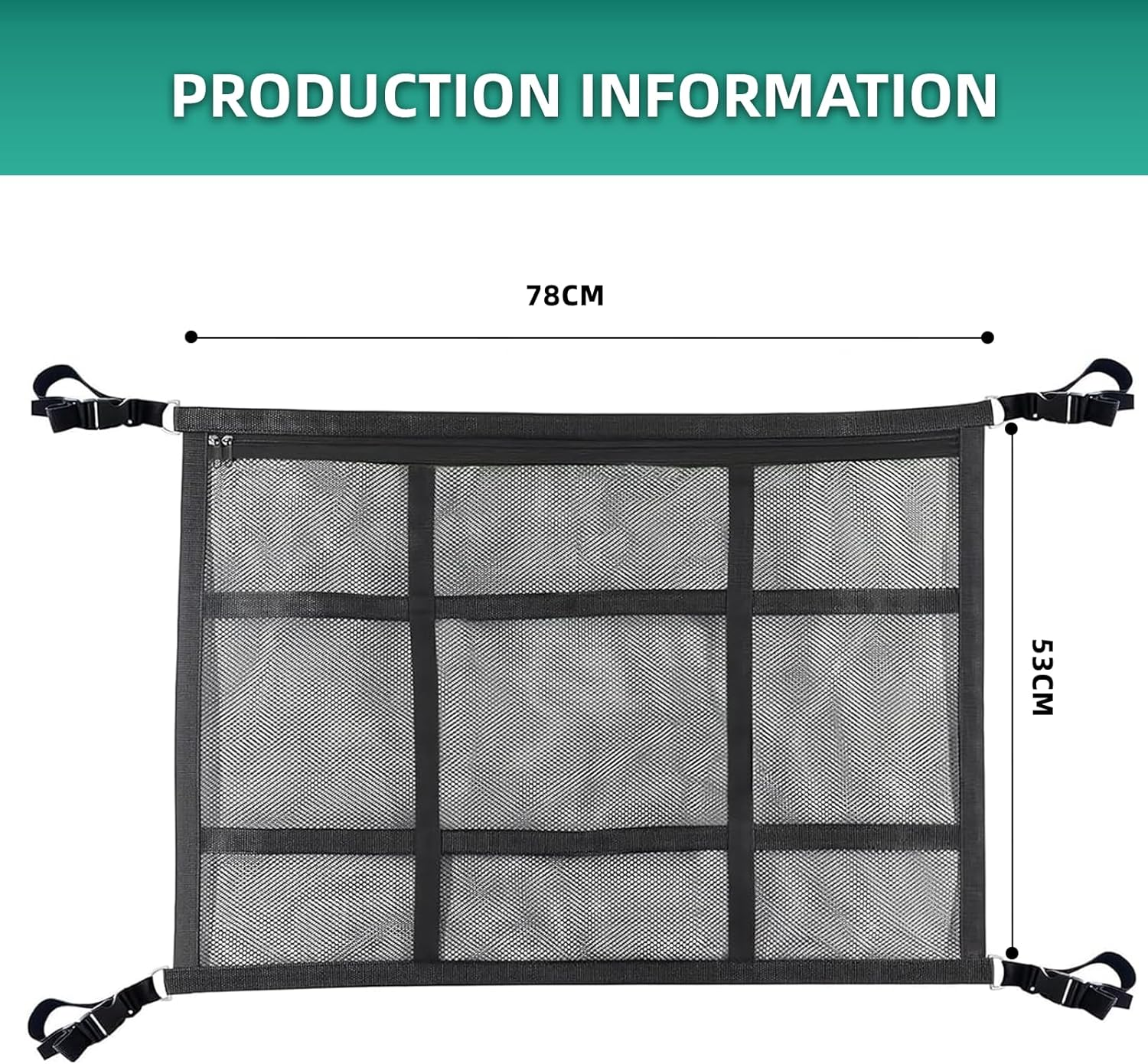 Car Roof Cargo Net Storage Organizer Black 78X53Cm SUV Ceiling Cargo Net Pocket with Adjustable Dual Pockets Fast-Release Buckles Double Zippers for Camping Family Trips image number 3