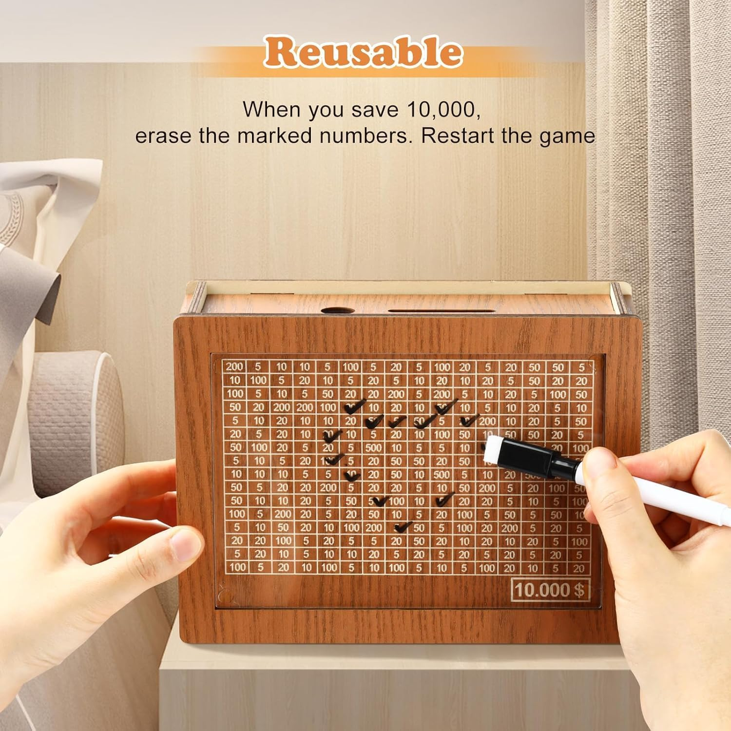 10000 Savings Challenge Box, Cashbox Kakeibo Money Box, Cash Vault Wooden Savings Box 10,000 Dollar, Wooden Digital Piggy Bank for Adults Kids, Money save Box 10K with Erasable Pen, Money Saver