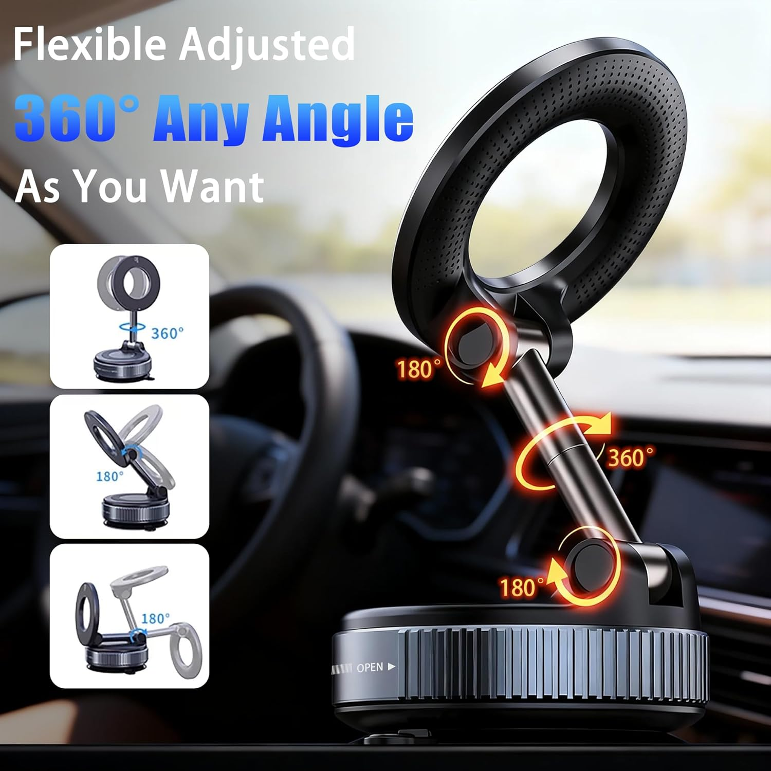 Vacuum Suction Cup Phone Holder, 360&deg; Adjustable Magnetic Phone Holder, Pocket-Sized, Foldable and Portable Car Mount, Compatible with Iphone Magsafe Series and All Phones image number 4