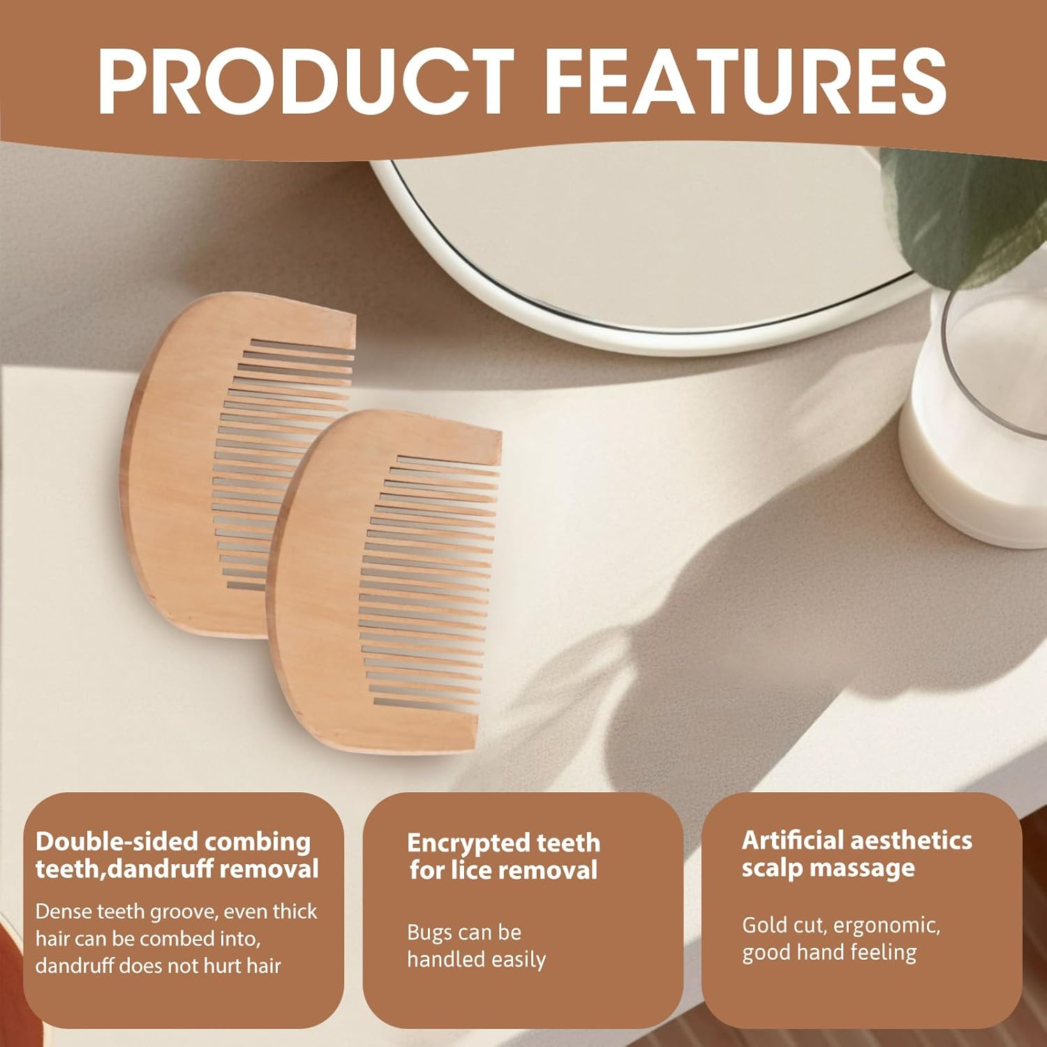 4 Pcs Peach Wood Wooden Comb - Smooth Detangling, Styling & Anti-Static Hair Care, Ideal for Daily Grooming, Makeup & Hair Styling, Close-Toothed Combs for Men & Women, Natural & Eco-Friendly image number 4