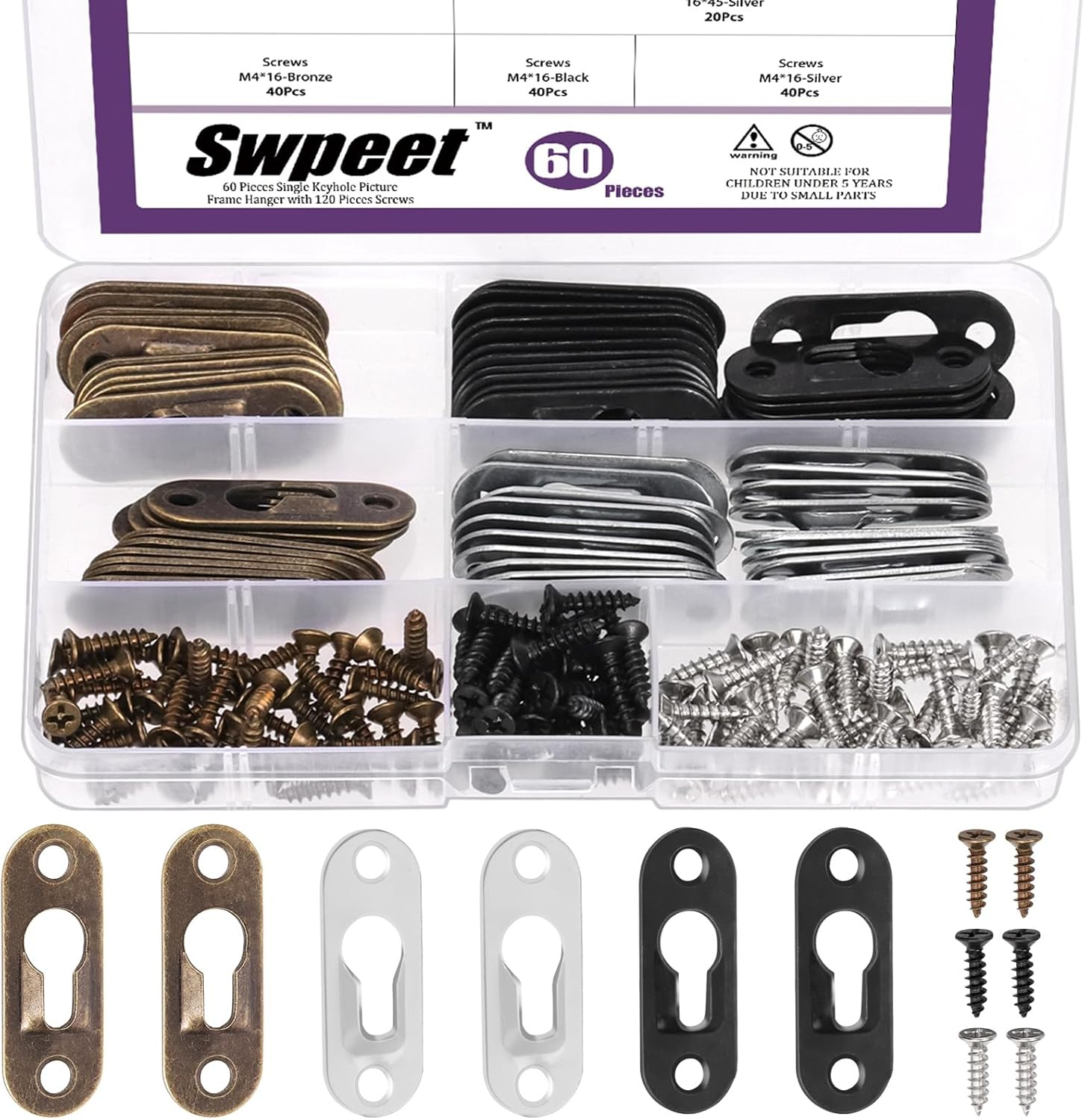 Swpeet 280Pcs 45 X 16Mm Black Carbon Steel Single Keyhole Hangers with Screws and Picture Frame Turn Button Fasteners Assortment Kit, Keyhole Hanging Plate Picture Hanger for Frame, Key, Photo