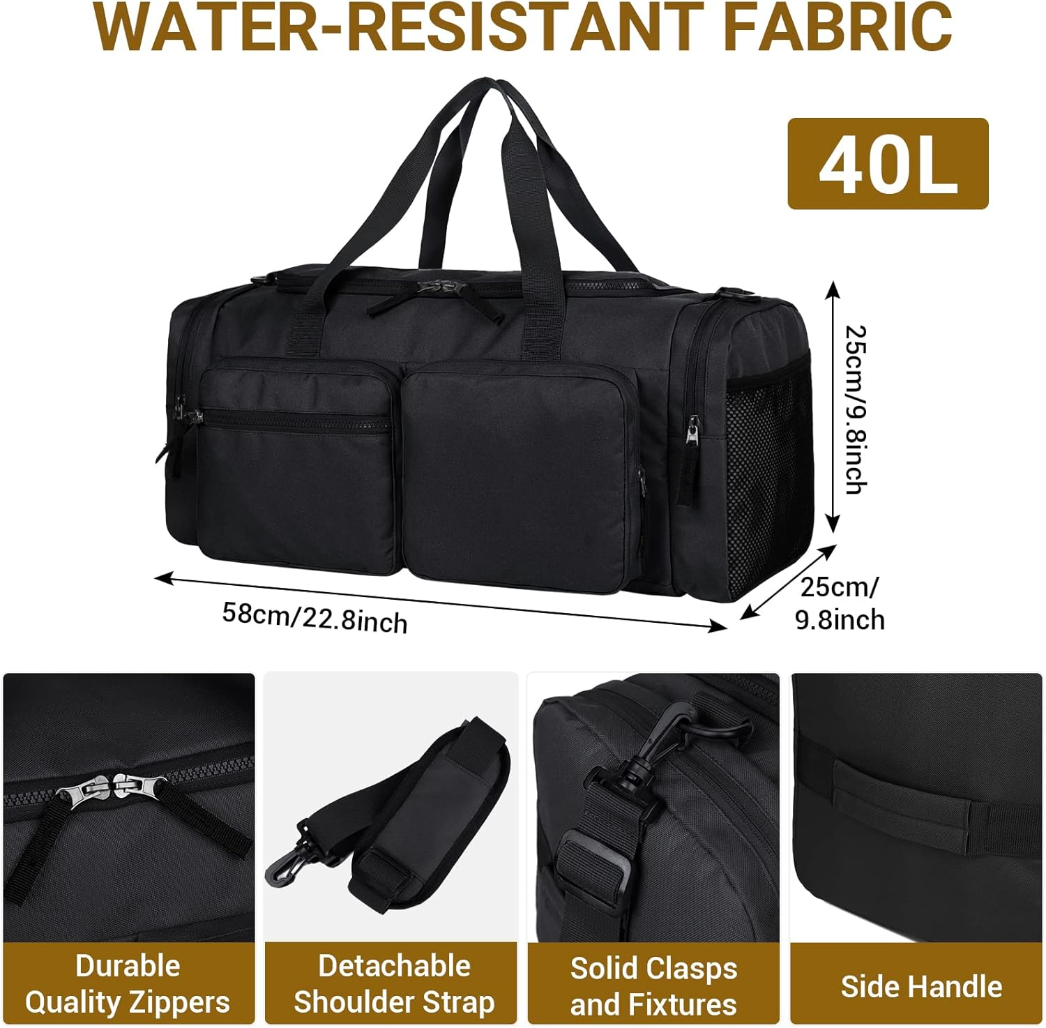 Duffle Bag for Men Women 40L Waterproof Sports Duffels Bags Travel Gym Bag with Shoe Compartment,Wet Pocket Large Weekender Overnight Bag Hospital Holdalls,Black - Grey image number 4