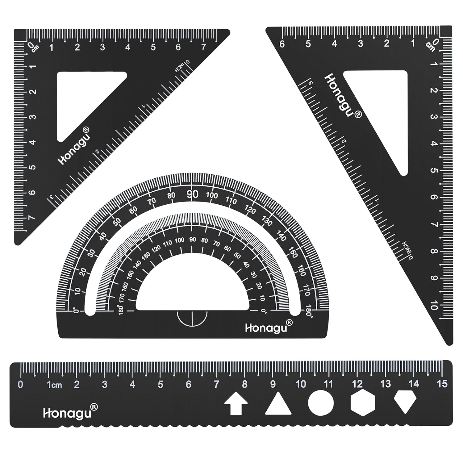 Honagu Triangular Ruler Set, 4 Pieces Aluminum Alloy Ruler, Metal Drafting Ruler, Geometric Protractor for Student,Draftsman, Engineers, Home School Office Supplies(20Cm/7.87Inch, Black)