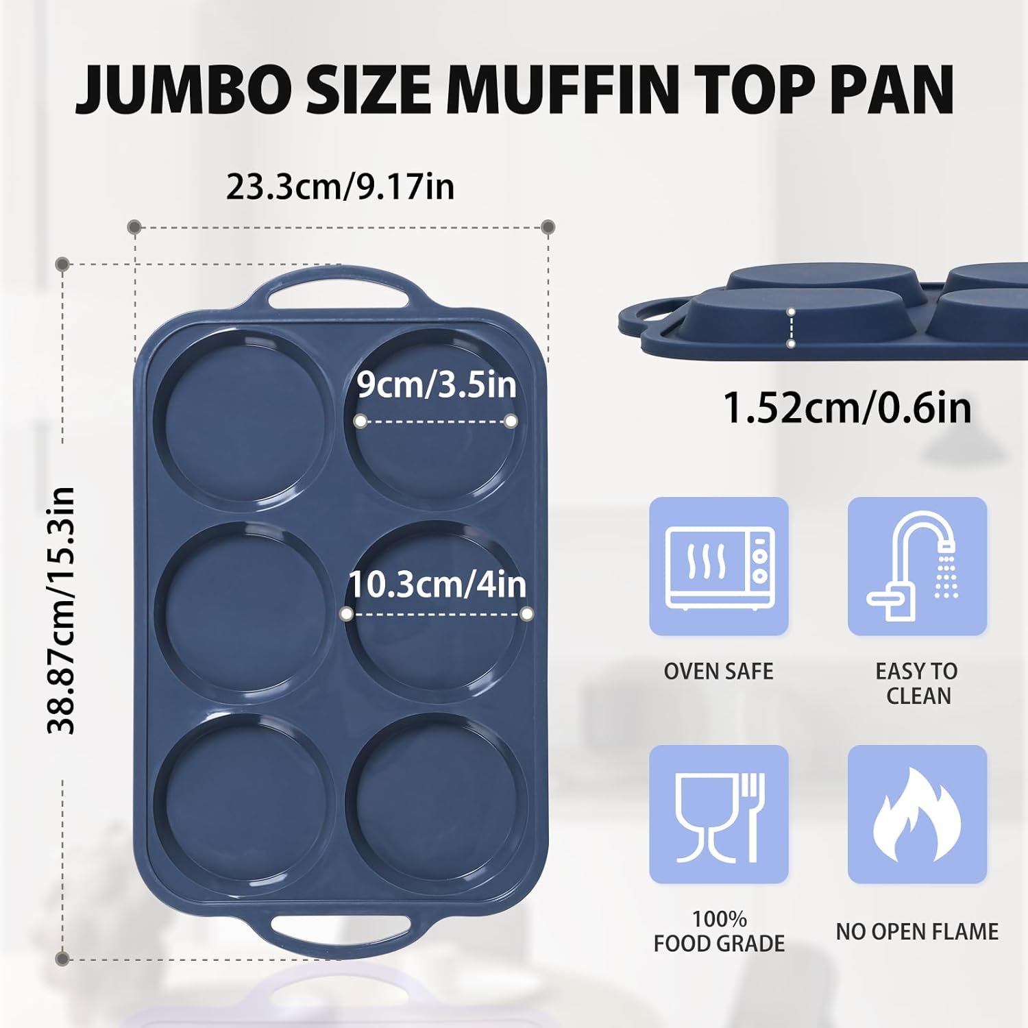 4 Inch Jumbo Silicone Muffin Top Pan with Metal Frame, Non Stick Silicone Egg Mold for Oven, Large Whoopie Pie Baking Pan for English Breakfast Sandwich, Egg Bite by Folksy Super Kitchen, Grey image number 1