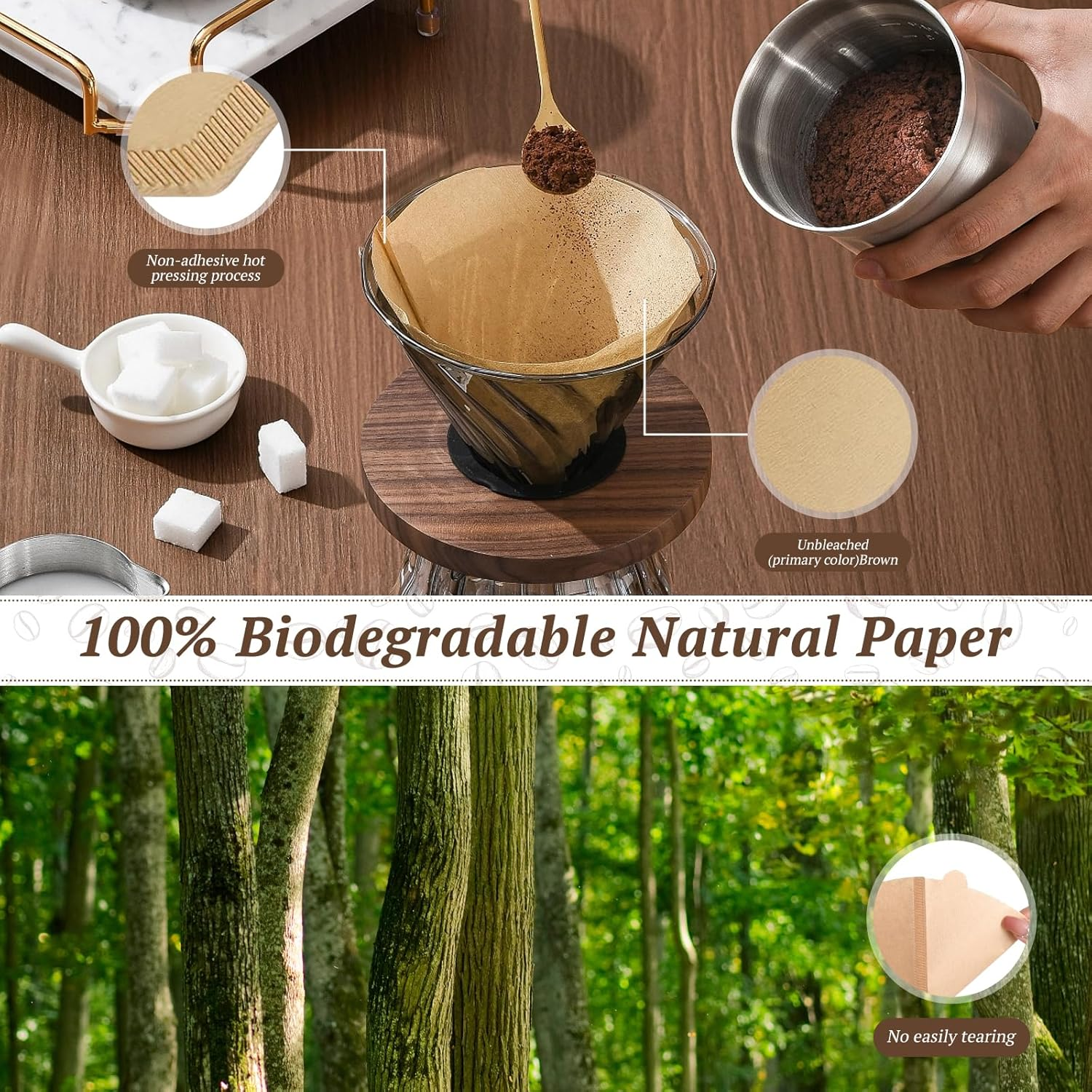 NAILGIRLS Coffee Filter Paper - 200 Count Natural Coffee Filters 2-4 Cup, Size 102 Unbleached Original Wooden Drip Paper for Coffee Machines & Coffee Cones,Disposable for Pour over & Drip Coffee Maker image number 4