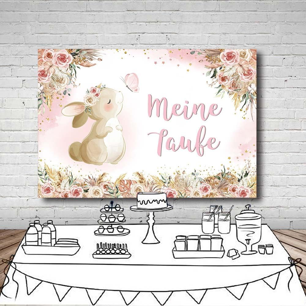 MEHOFOND 2.1 X 1.5 M My Christening Background Pink Rabbit Butterfly Eucalyptus Leaves Flowers Background Boy Girl Newborn Baby Shower First Communion Christening Party Banner Photo Props image number 6