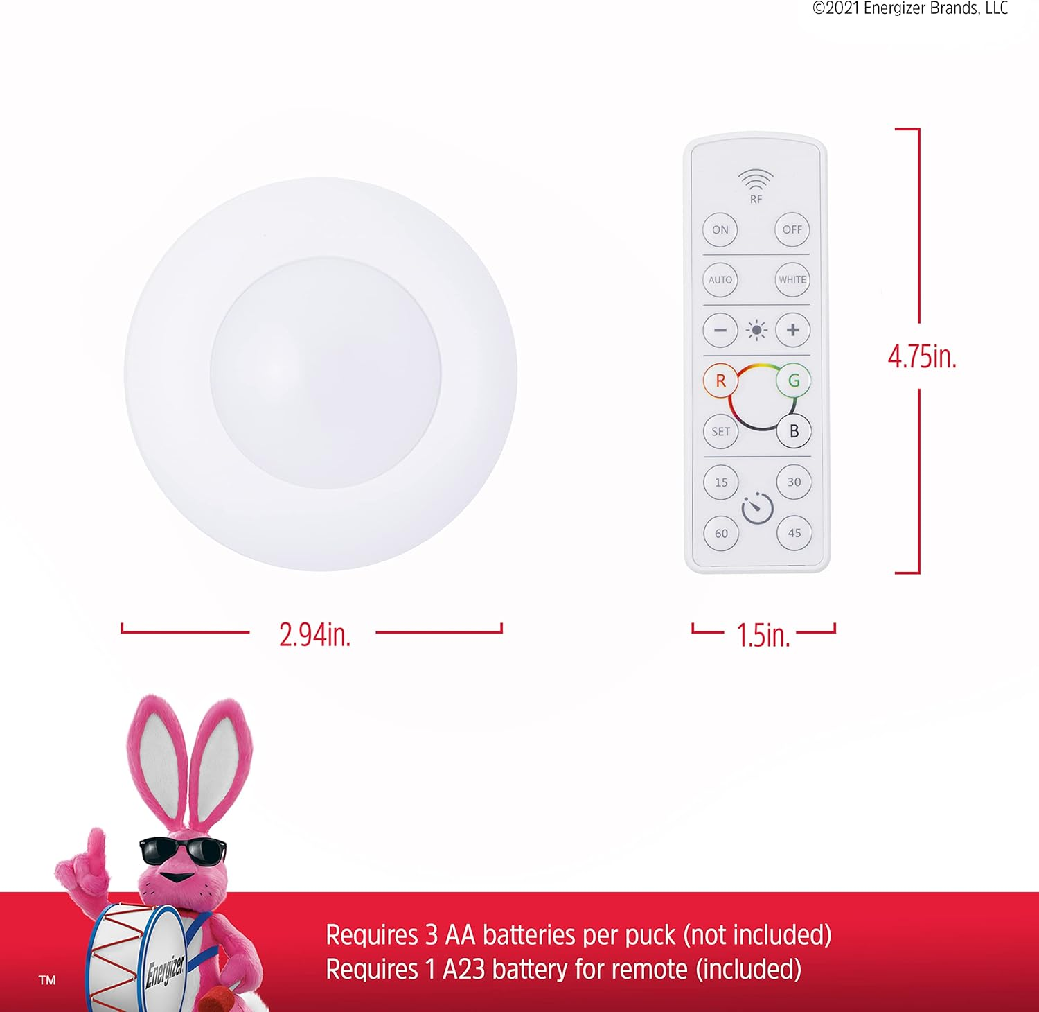 Energizer LED Puck Lights, 2 Pack, Color Changing, Remote Controlled, Battery Operated, Wireless, 35 Lumens, Dimmable, Perfect for under Cabinet, Closet, Bedroom, and More, 43064 image number 2