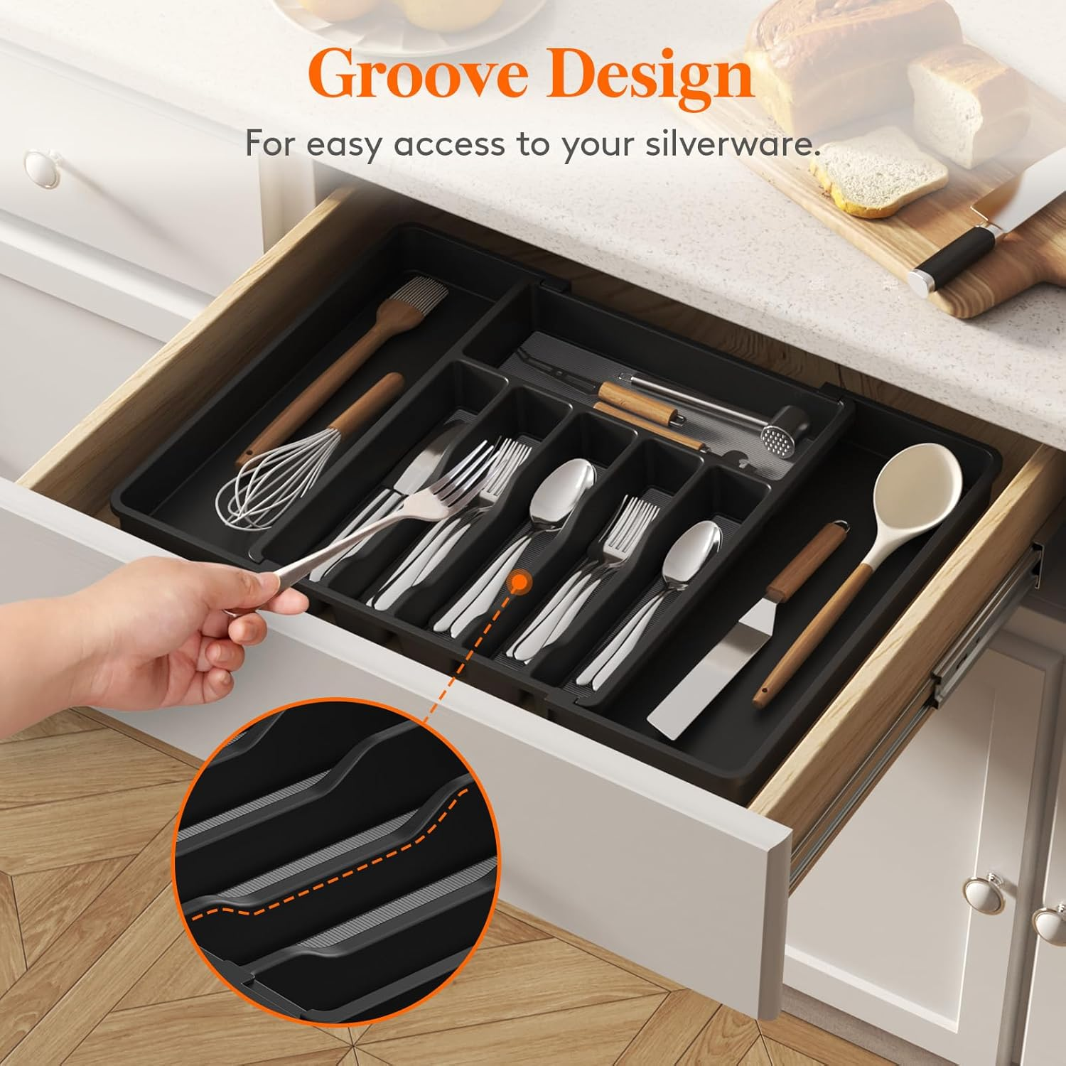 Lifewit Silverware Drawer Organizer, Expandable Utensil Tray with Non-Slip TPR, Deep Flatware Cutlery Holder, Adjustable Plastic Kitchen Storage for Spoons Forks Knives, Large, Black and Gray image number 6