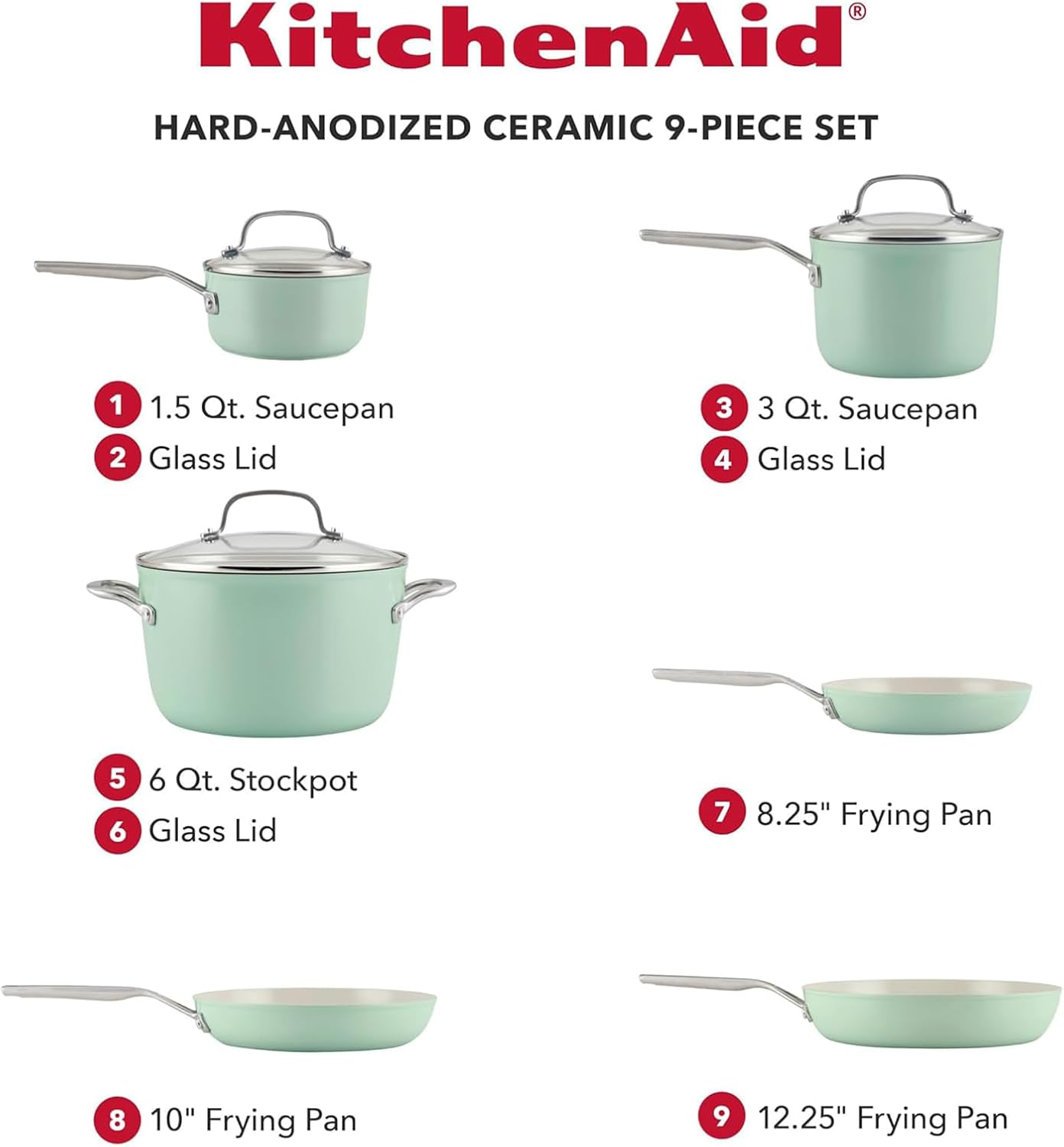 Kitchenaid Hard Anodized Ceramic Ceramic Nonstick Cookware Pots and Pans Set, 9 Piece - Pistachio image number 2