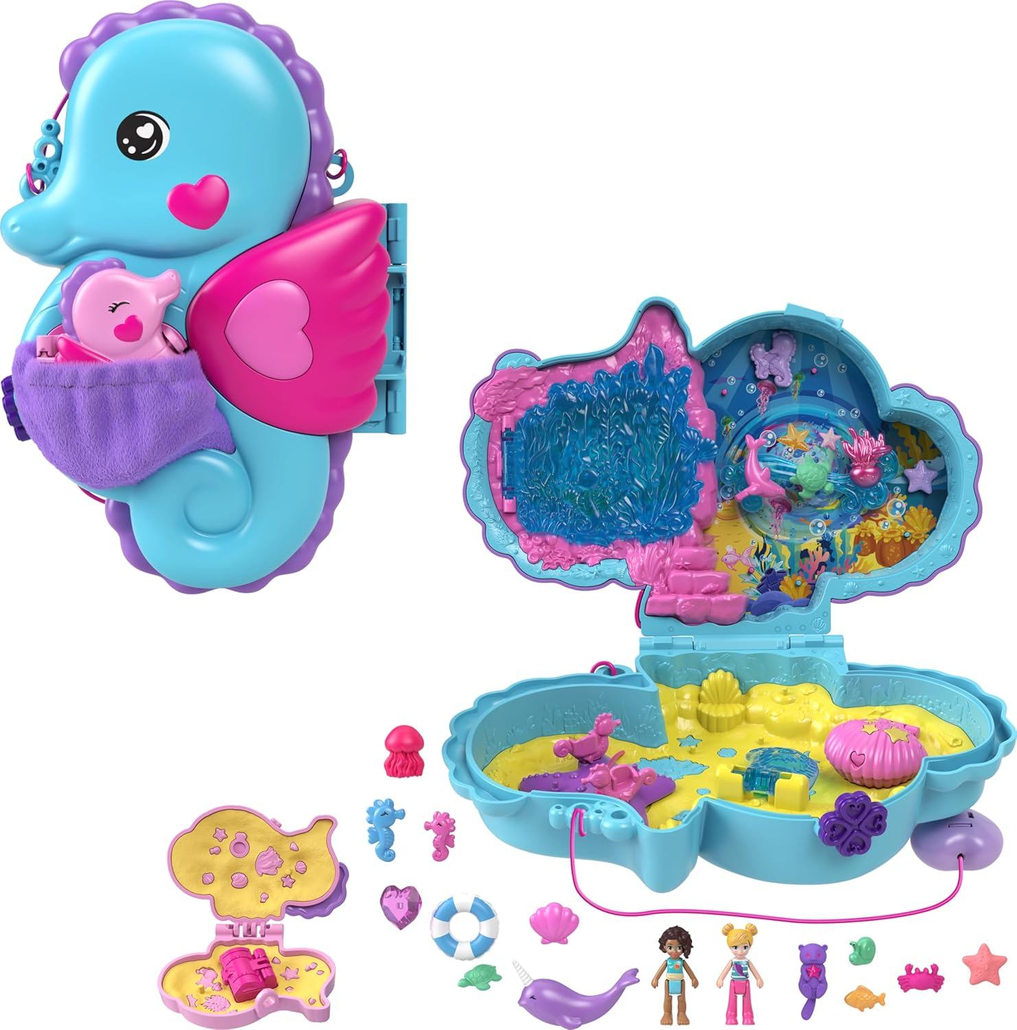 Polly Pocket Dolls & Playset with Pets & 13 Accessories, 2-In-1 Daddy & Me Seahorse Wearable Purse & Animal Toy, Starring Shani