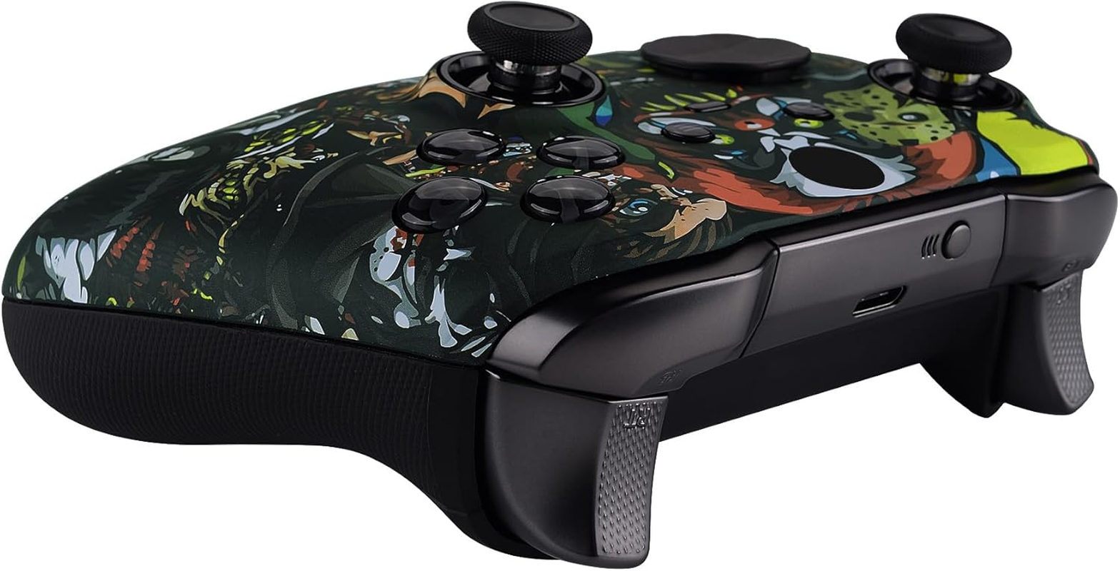 Extremerate Scary Party Patterned Faceplate Cover, Soft Touch Front Housing Shell Case Replacement Kit for Xbox One Elite Series 2 Controller Model 1797 - Thumbstick Accent Rings Included image number 3