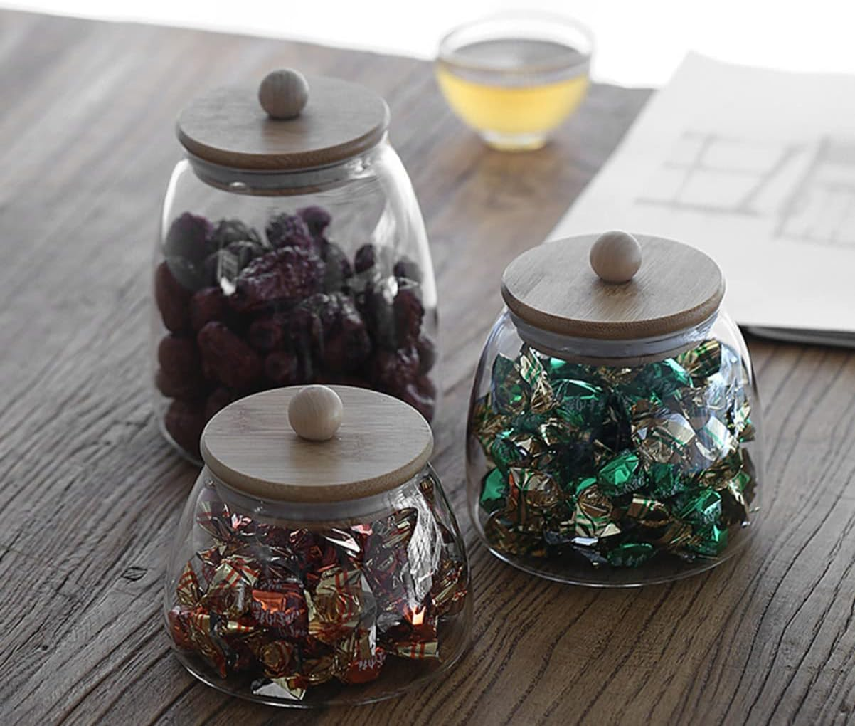 STOBAZA 2Pcs Glass Jar Wooden Lid Wedding Candy Storage Can Party Supplies for Home Kitchen Creative Glass Candy Jar for Snack and Dry Food Storage image number 3