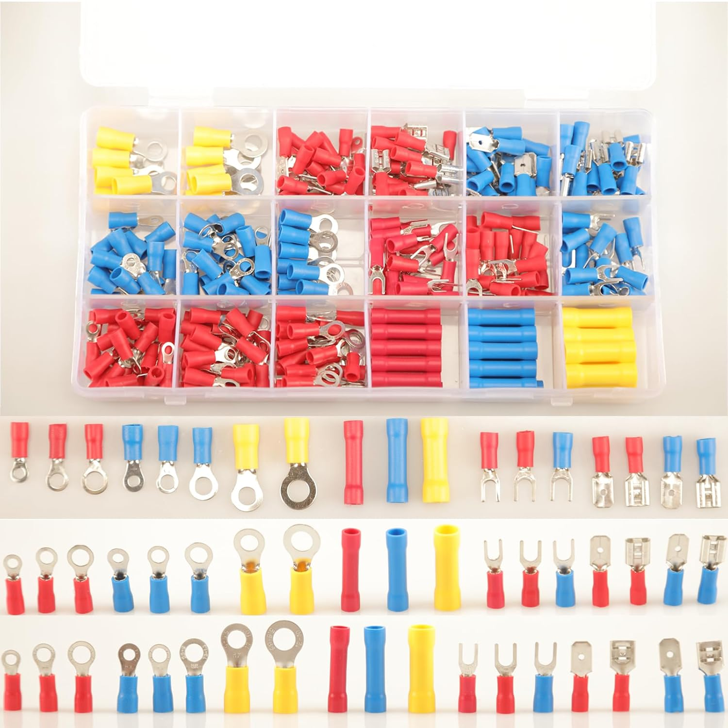 300Pcs 18 Types Crimp Connectors, Ring Spade Fork Butt Wire Connectors Kit, 6.3Mm Male and Female Spade Connector Kit, Quick Disconnect Crimp Terminals Electrical Connectors, Electrical Terminals image number 2