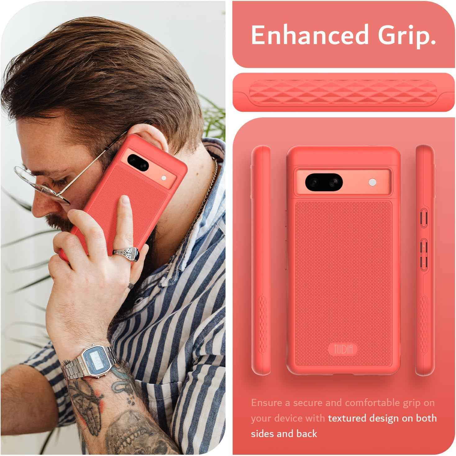 TUDIA Dualshield Grip Designed for Google Pixel 7A Case (2023), [Mergegrip] Military Grade Dual Layer Shockproof Slim Tough Non-Slip Heavy Duty Protective Phone Case Cover (Coral) image number 5