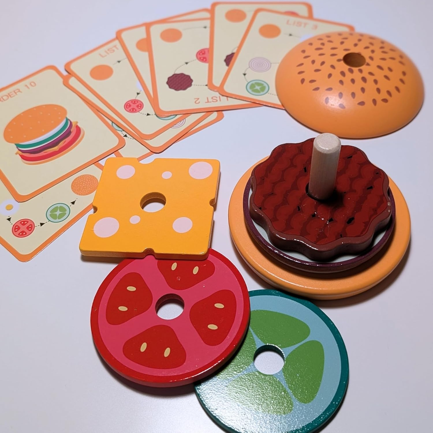 Wooden Stacking Burger Montessori Toy for 3+ Years, Fine Motor Skills, Pretend Play Food Hamburger Puzzle Pattern Games, Educational Activities Teaching Tool for Preschool image number 1